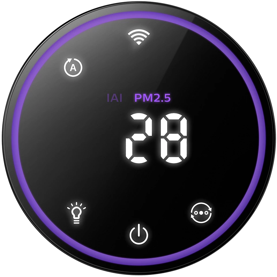Fekete kör alakú eszköz, levegőminőségi adatokat jelenít meg, PM2.5: 28.