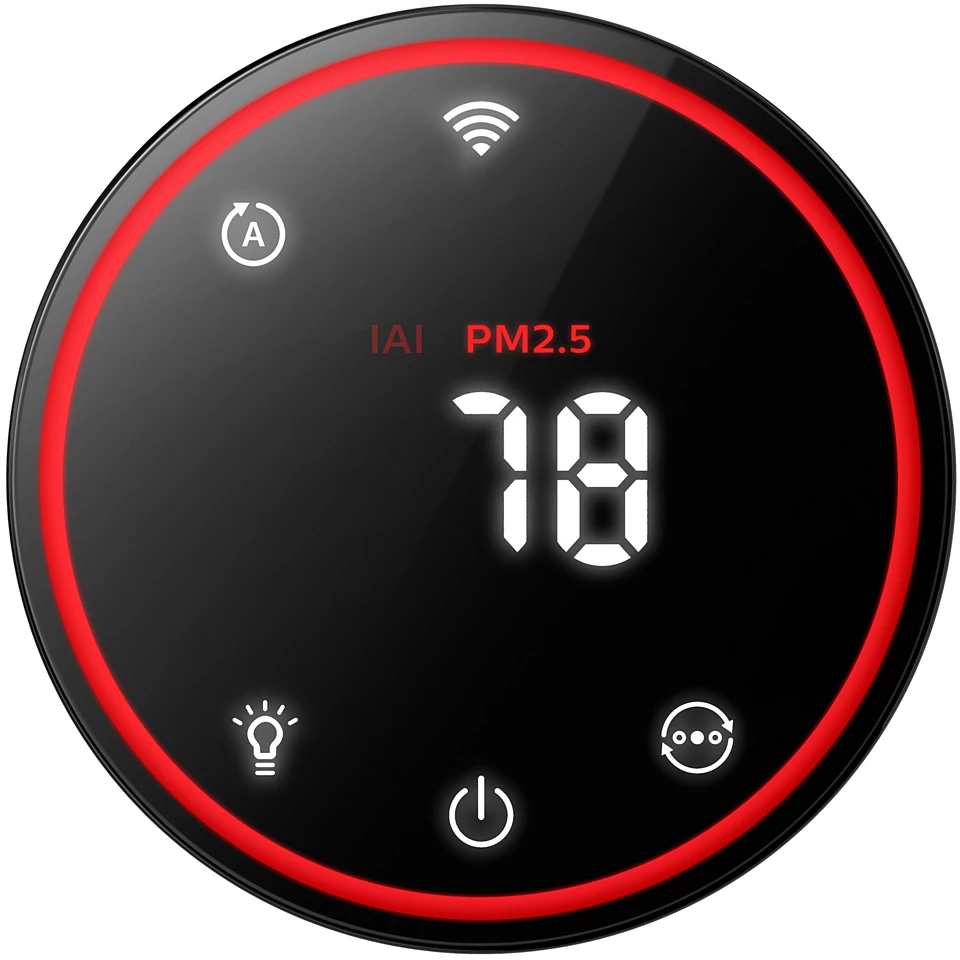 Fekete okos otthon eszköz piros gyűrűvel és kijelzővel, PM2.5 szintet mutatva.