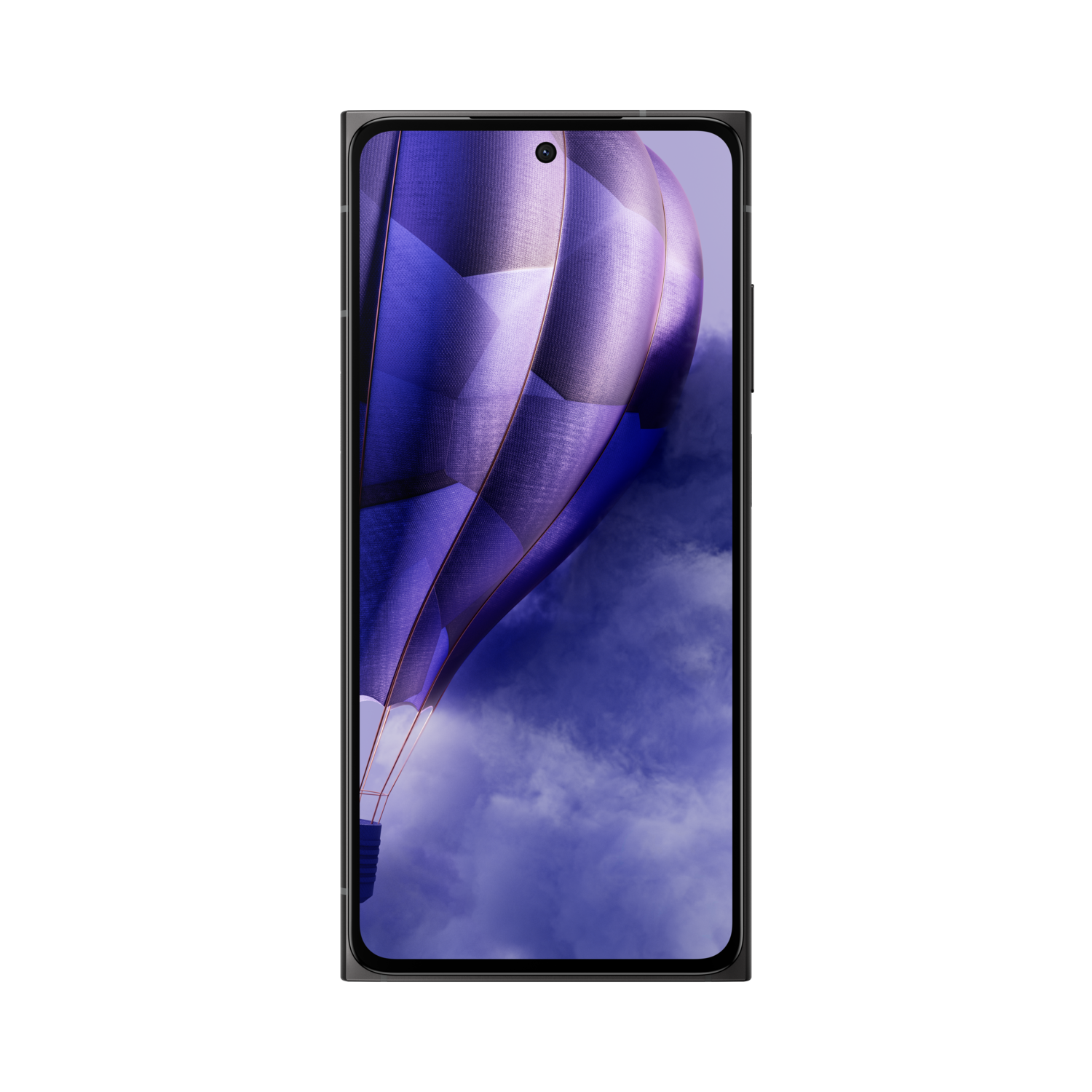 Smartphone scherm met een paarse luchtballon afbeelding tegen een bewolkte lucht.