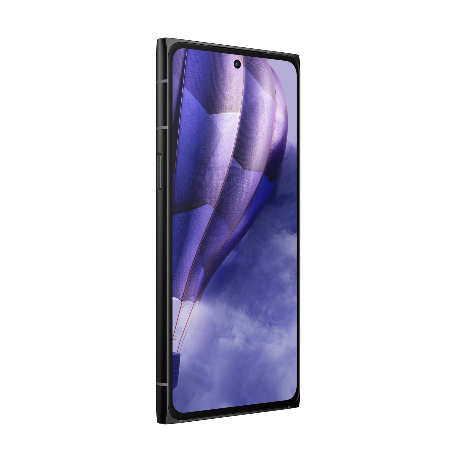 Zwarte smartphone met een afbeelding van een paarse luchtballon.