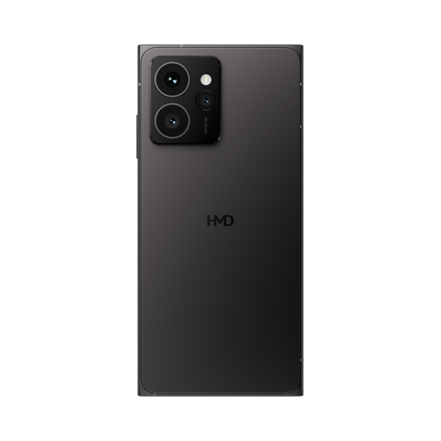 Zwarte smartphone achterkant met dubbele camera en HMD-logo op zwarte achtergrond.
