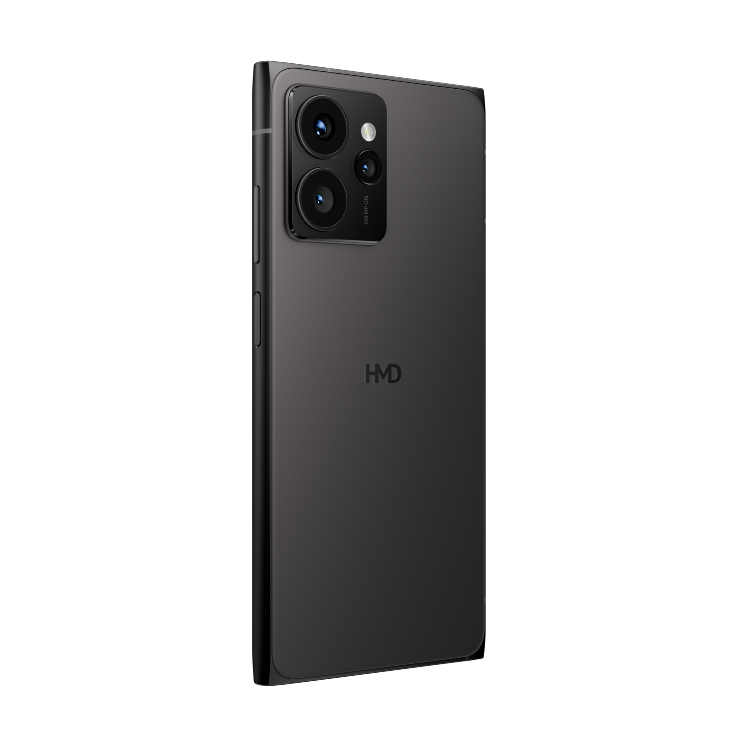 Een donkergrijze smartphone met een cameramodule aan de achterkant en het HMD-logo.