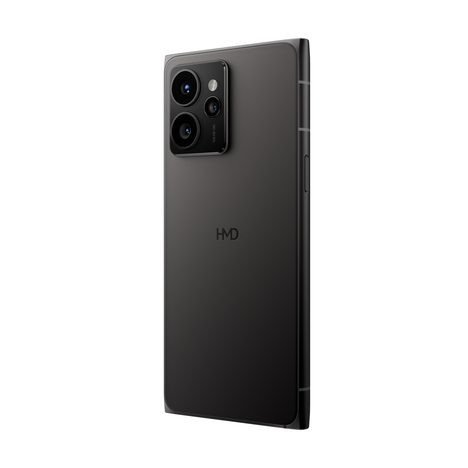 Zwarte smartphone schuin, met camera's en HMD logo op zwarte achtergrond.