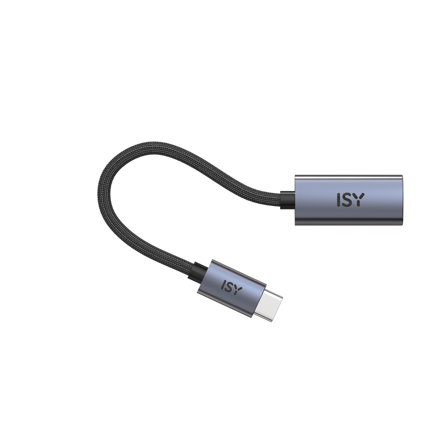 Un câble USB-C vers USB ISY gris-bleu avec un design tressé.