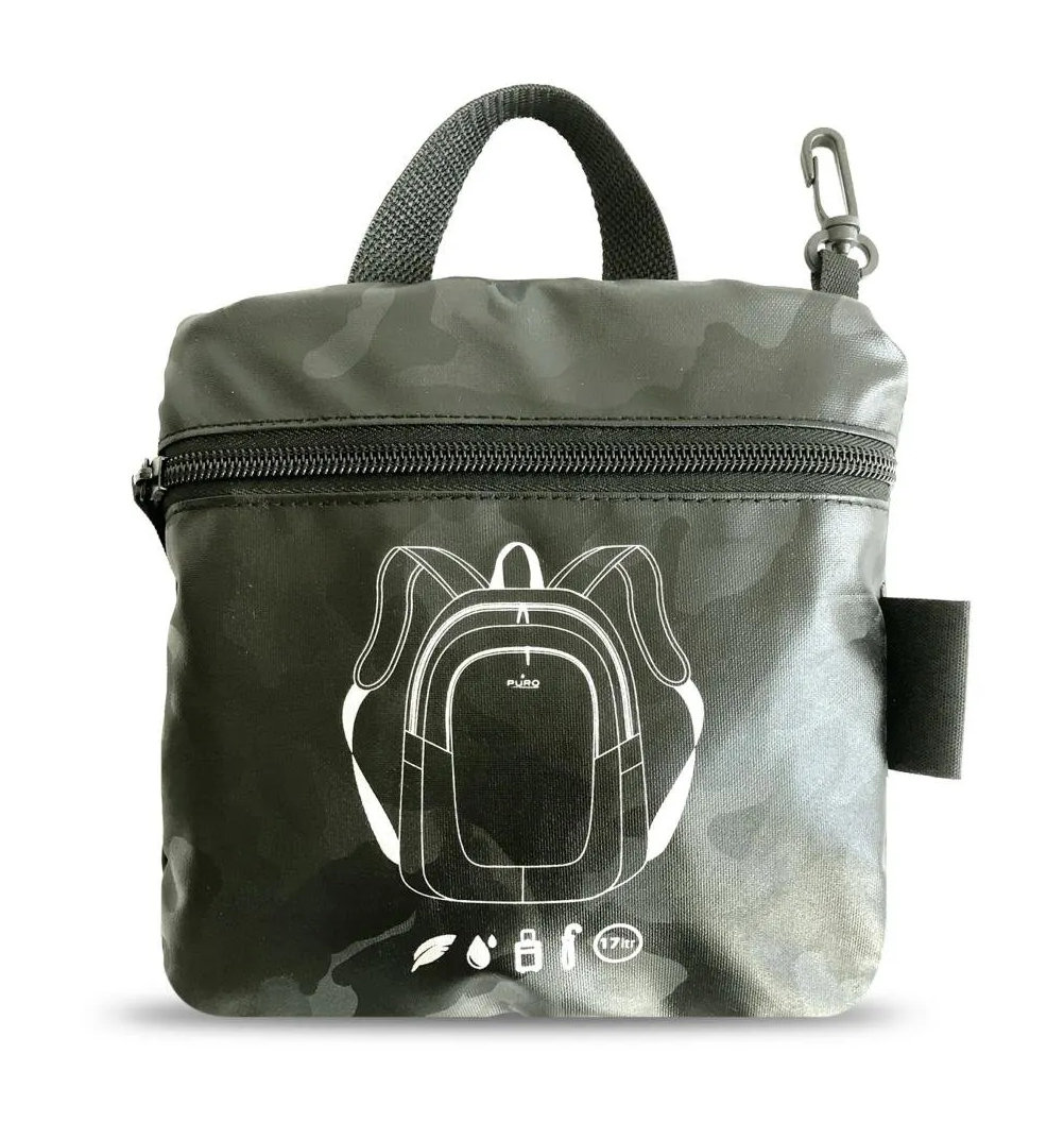 Czarna torba moro z konturem plecaka. Ma zamek błyskawiczny, uchwyt i klips.