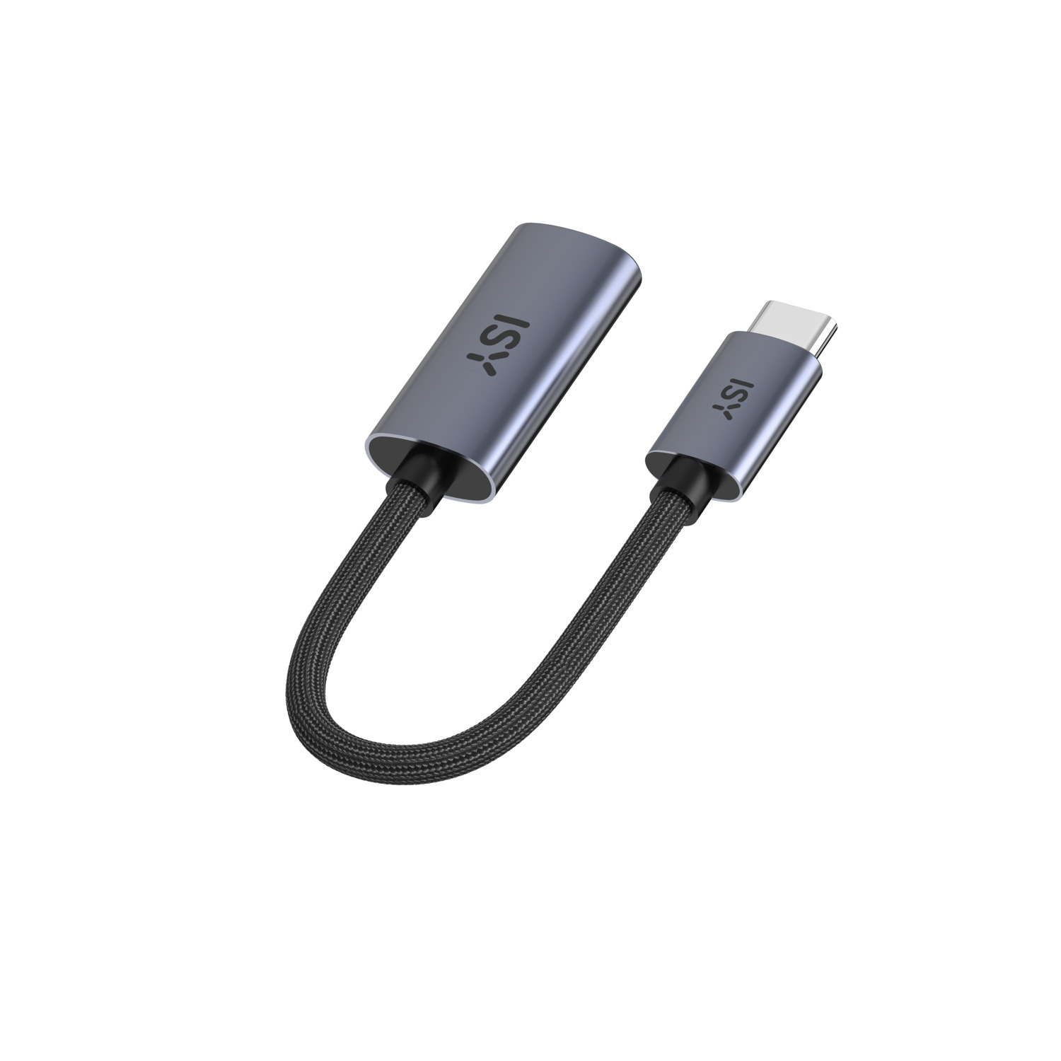 Adaptateur USB-C vers USB-C, câble noir, corps gris. Étiquette de la marque ISY.