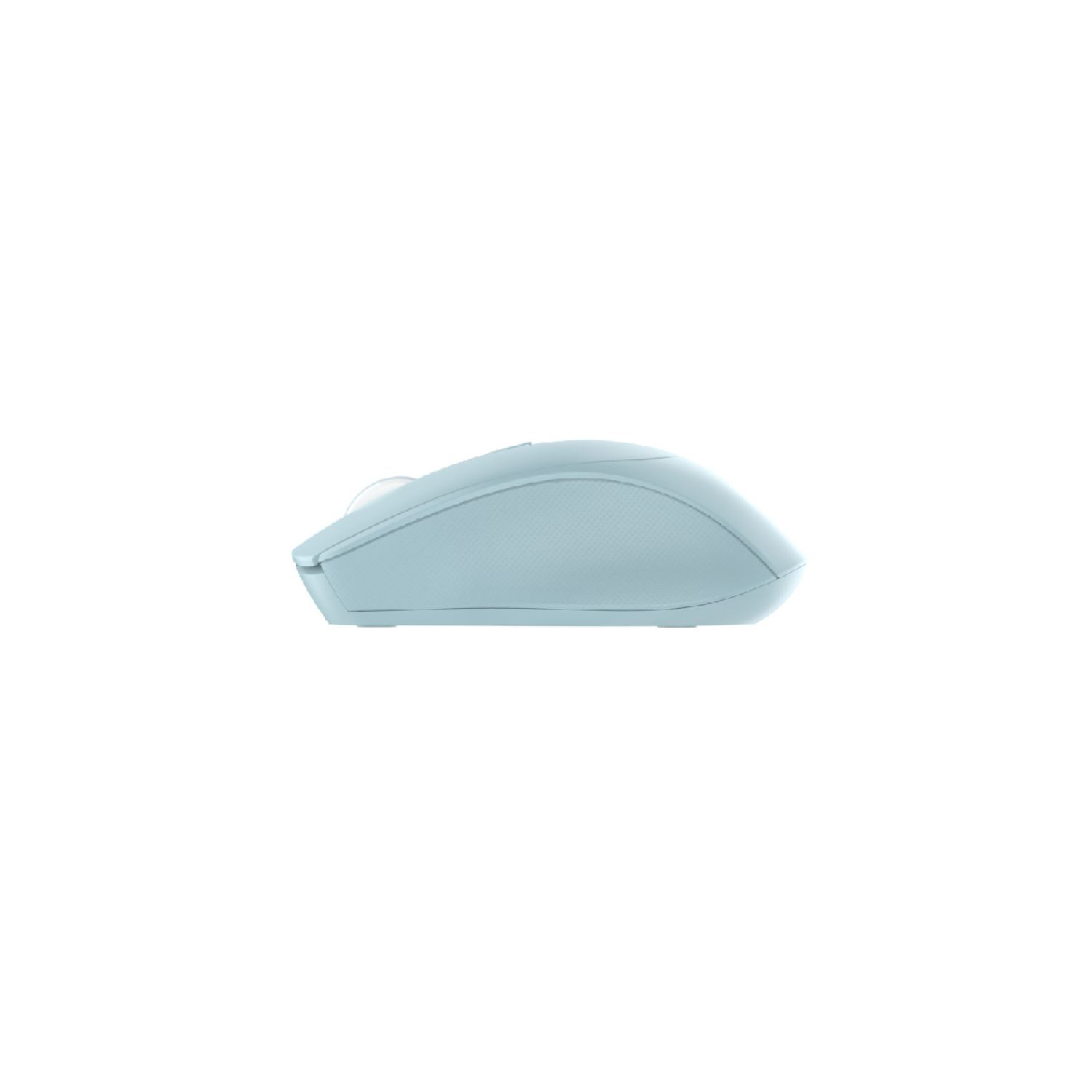 A side view of a light blue wireless mouse on a white background.