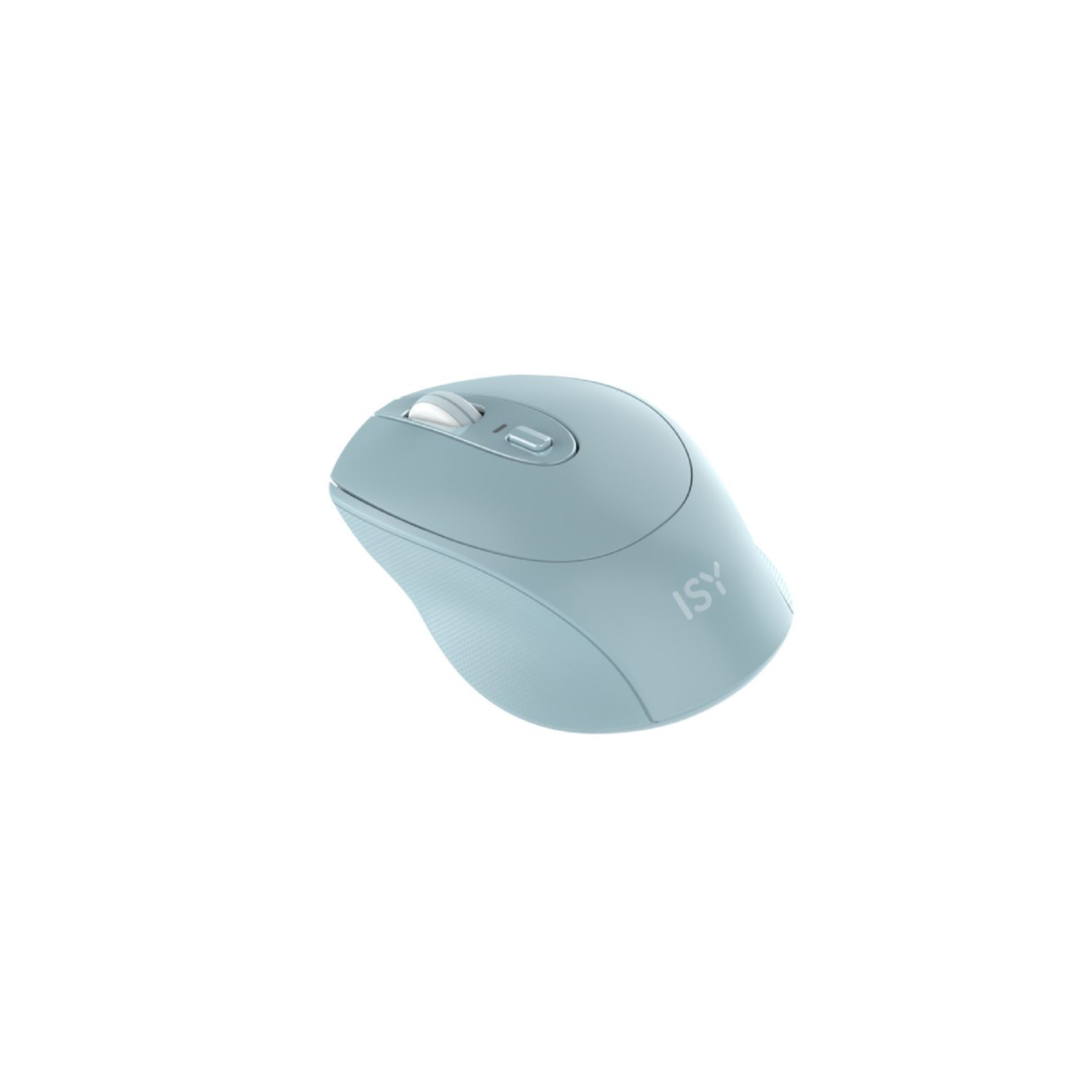 Light blue wireless computer mouse on a white background.