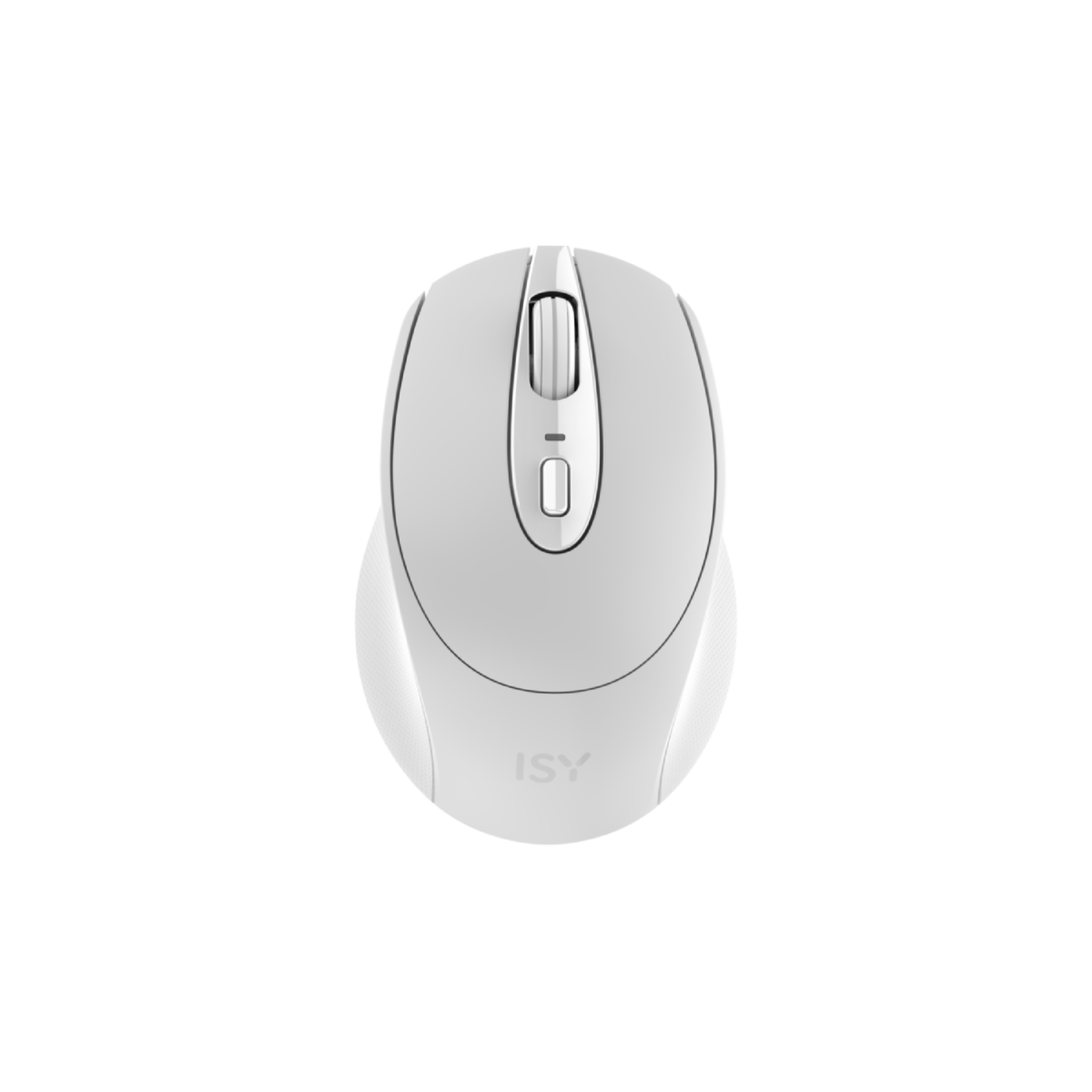 Souris d'ordinateur blanche avec molette et deux boutons. Design minimaliste sur fond noir.