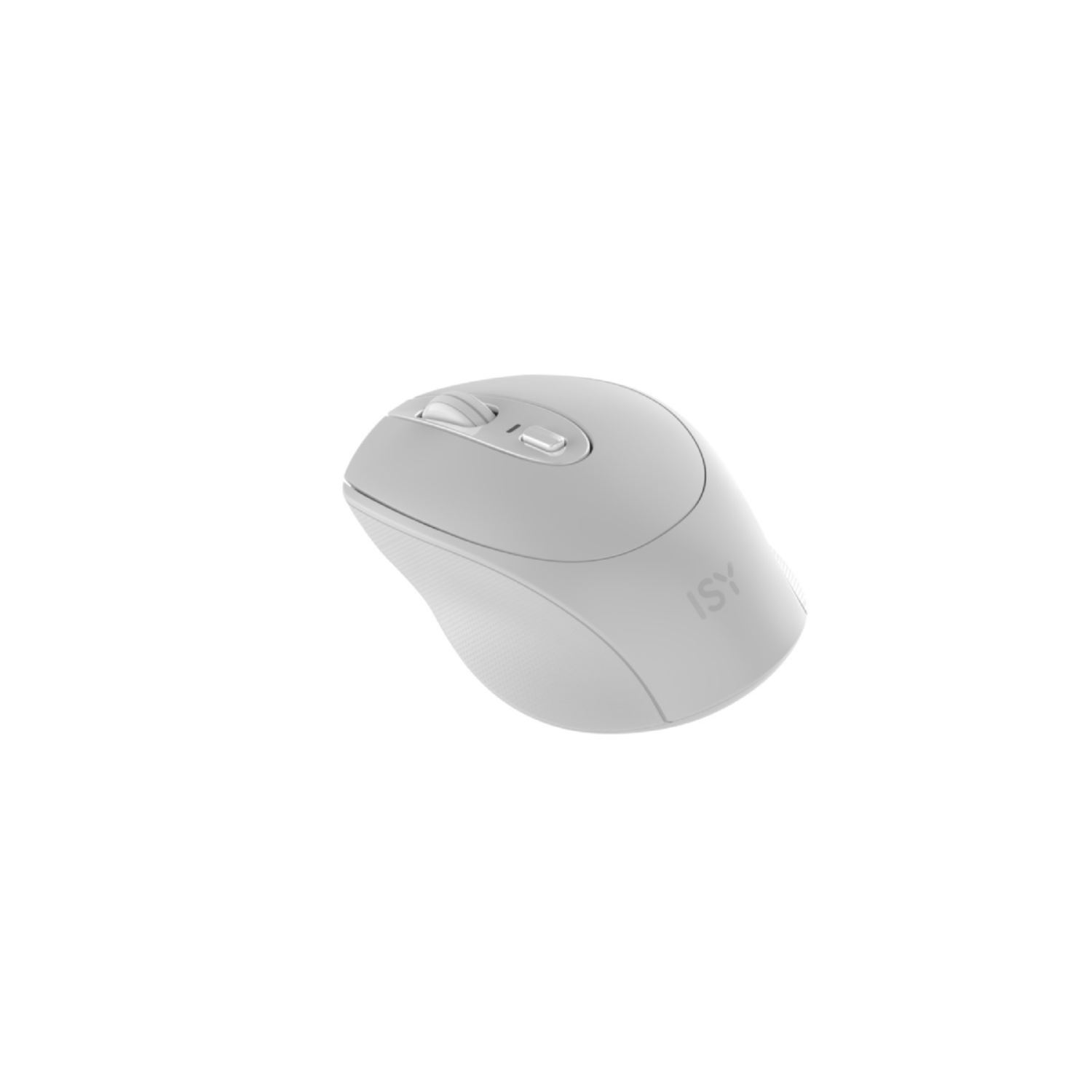 Une souris d'ordinateur blanche et grise avec la marque 'ISY' imprimée.