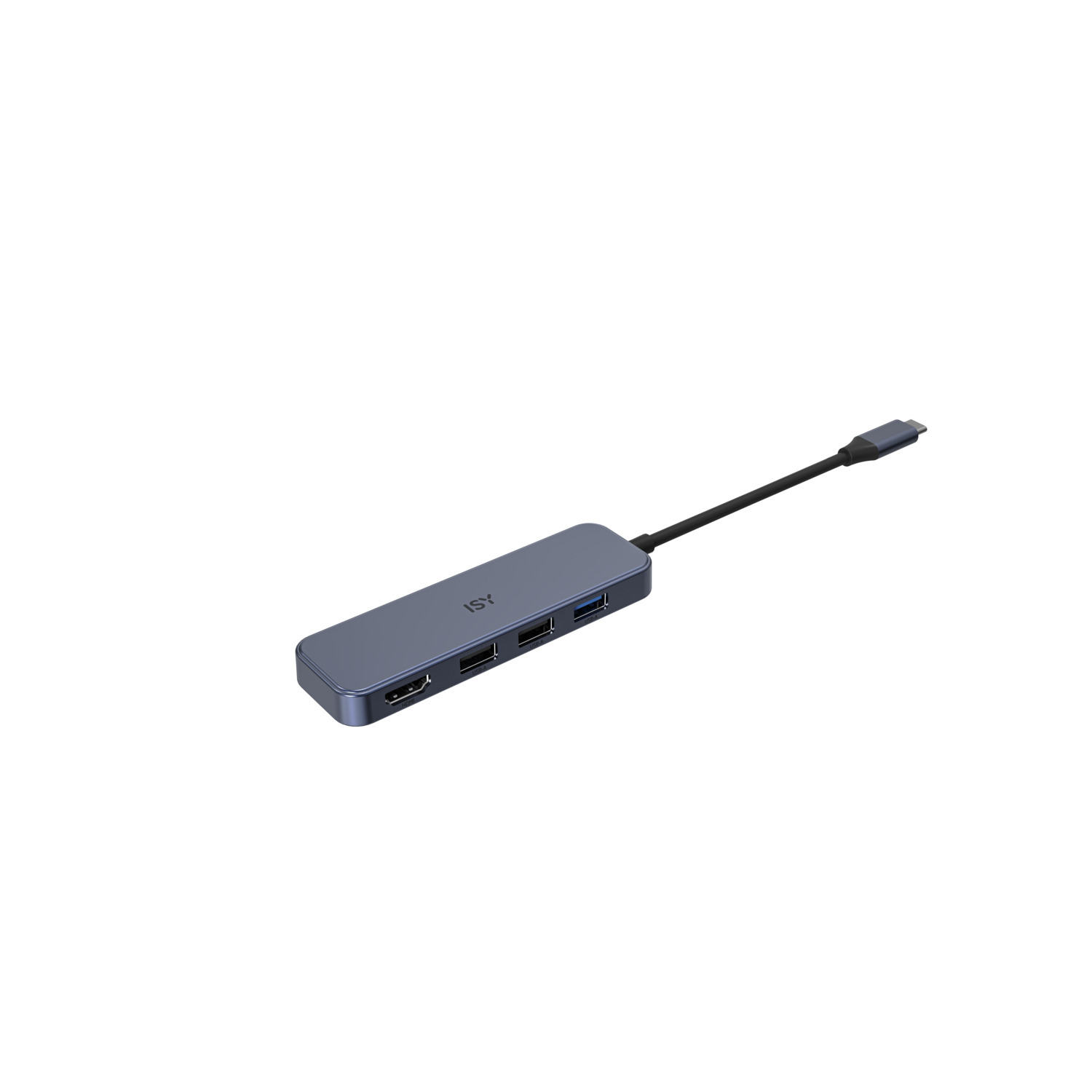 A grey ISY USB-C hub with various ports, on a white surface.