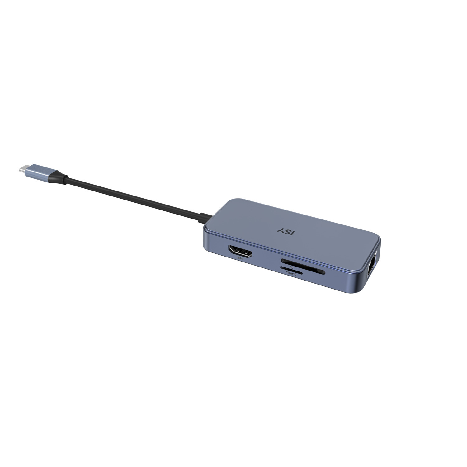Un hub USB-C avec plusieurs ports, isolé sur un fond blanc.