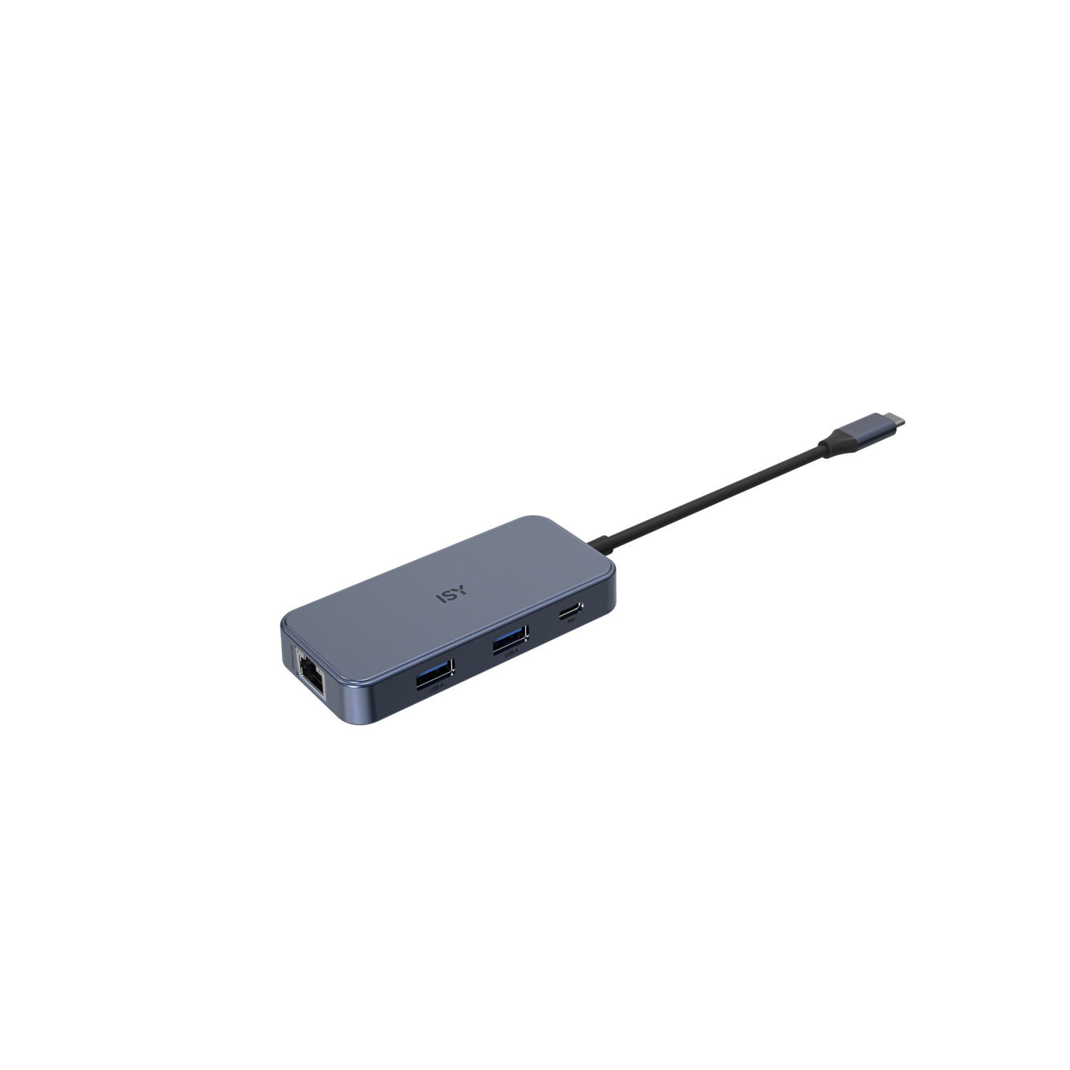 Un hub USB-C gris avec plusieurs ports, dont USB et Ethernet, sur fond blanc.