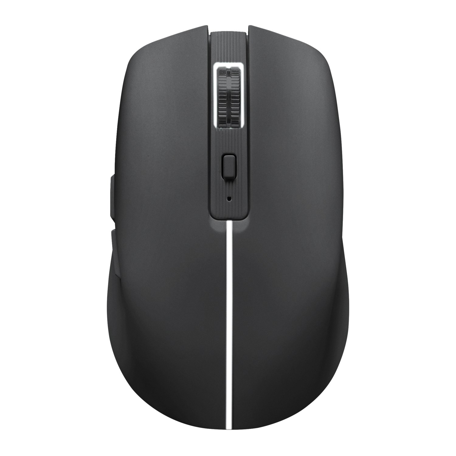 Une souris d'ordinateur noire avec une bande blanche et une molette de défilement sur le dessus.