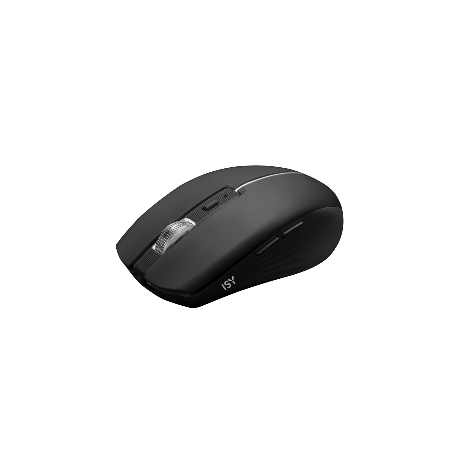 Une souris noire sur fond blanc. Elle possède une molette de défilement et des boutons. La marque est 'ISY'.