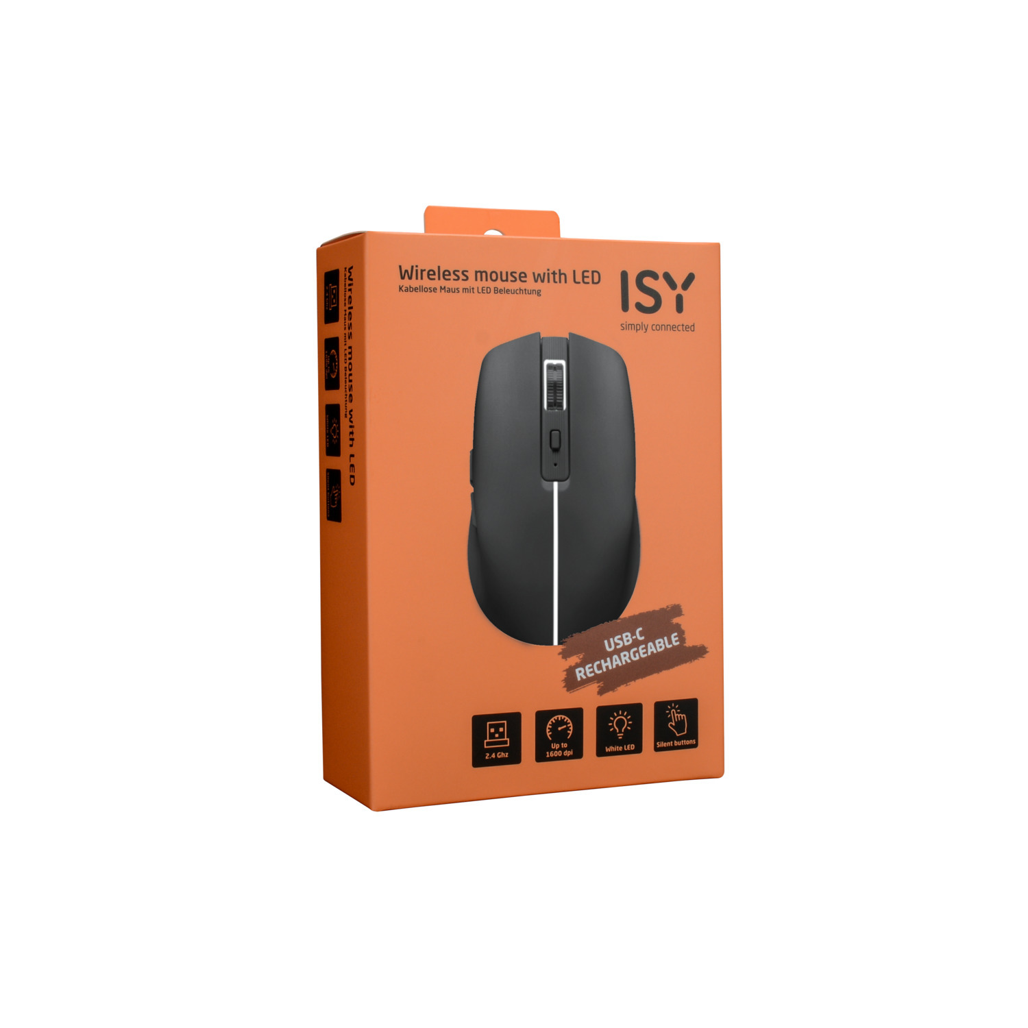 Souris sans fil noire en boîte avec LED, rechargeable USB-C, orange.