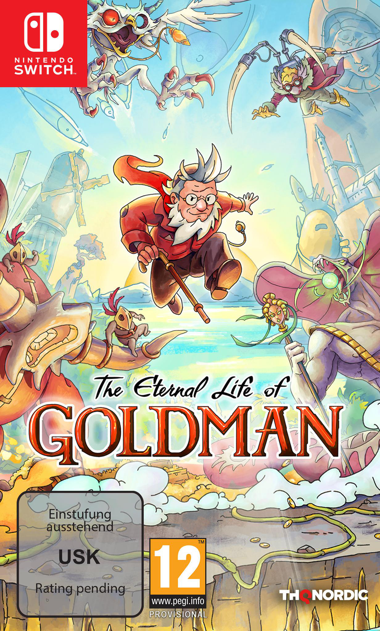 Spielcover mit cartoonartigem Stil. Ein alter Mann mit Stab steht im Zentrum. Andere Charaktere und Titel sind im Hintergrund zu sehen.
