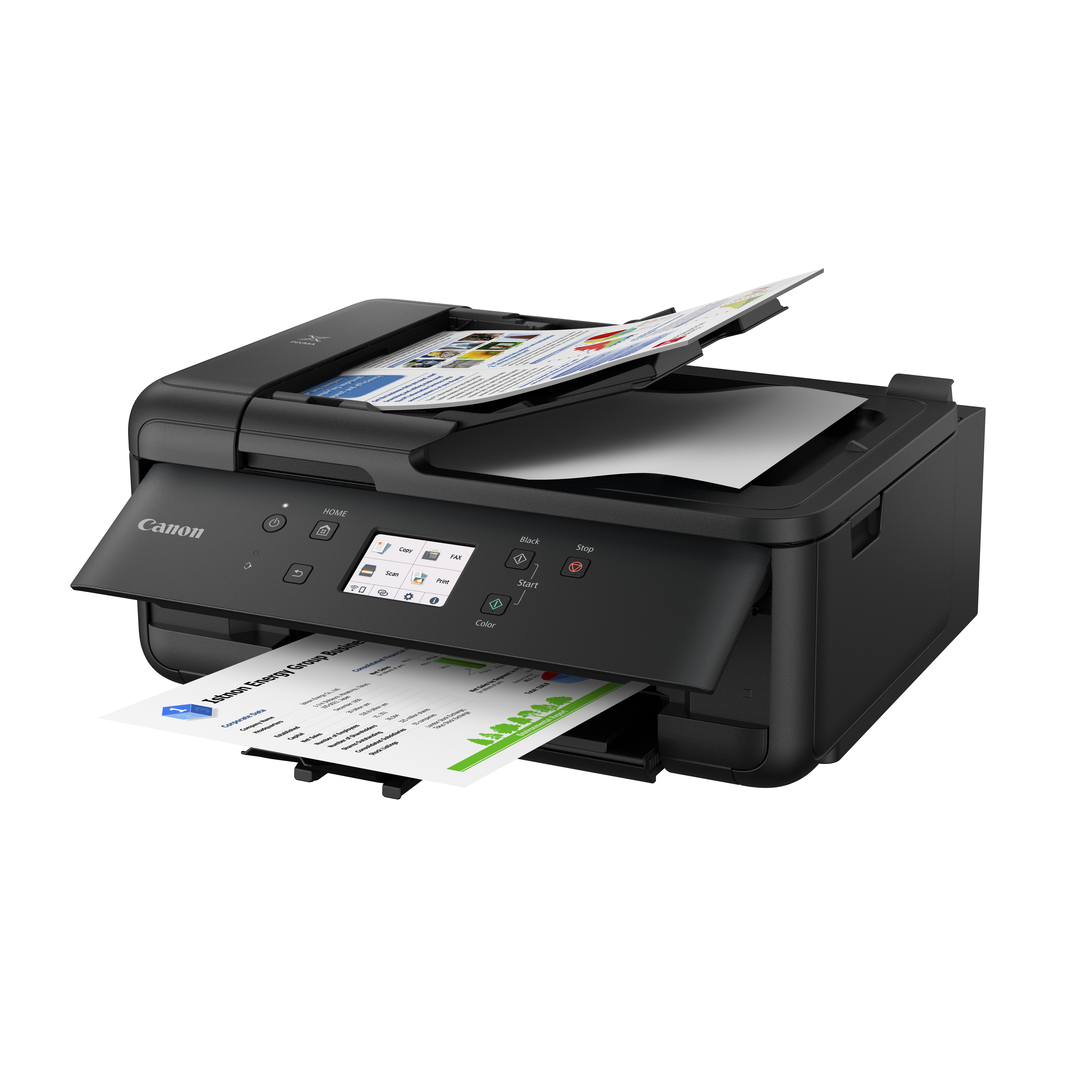 Ein schwarzer Canon-Drucker, der Dokumente druckt. Das Papierfach ist geöffnet und zeigt bedruckte Seiten.
