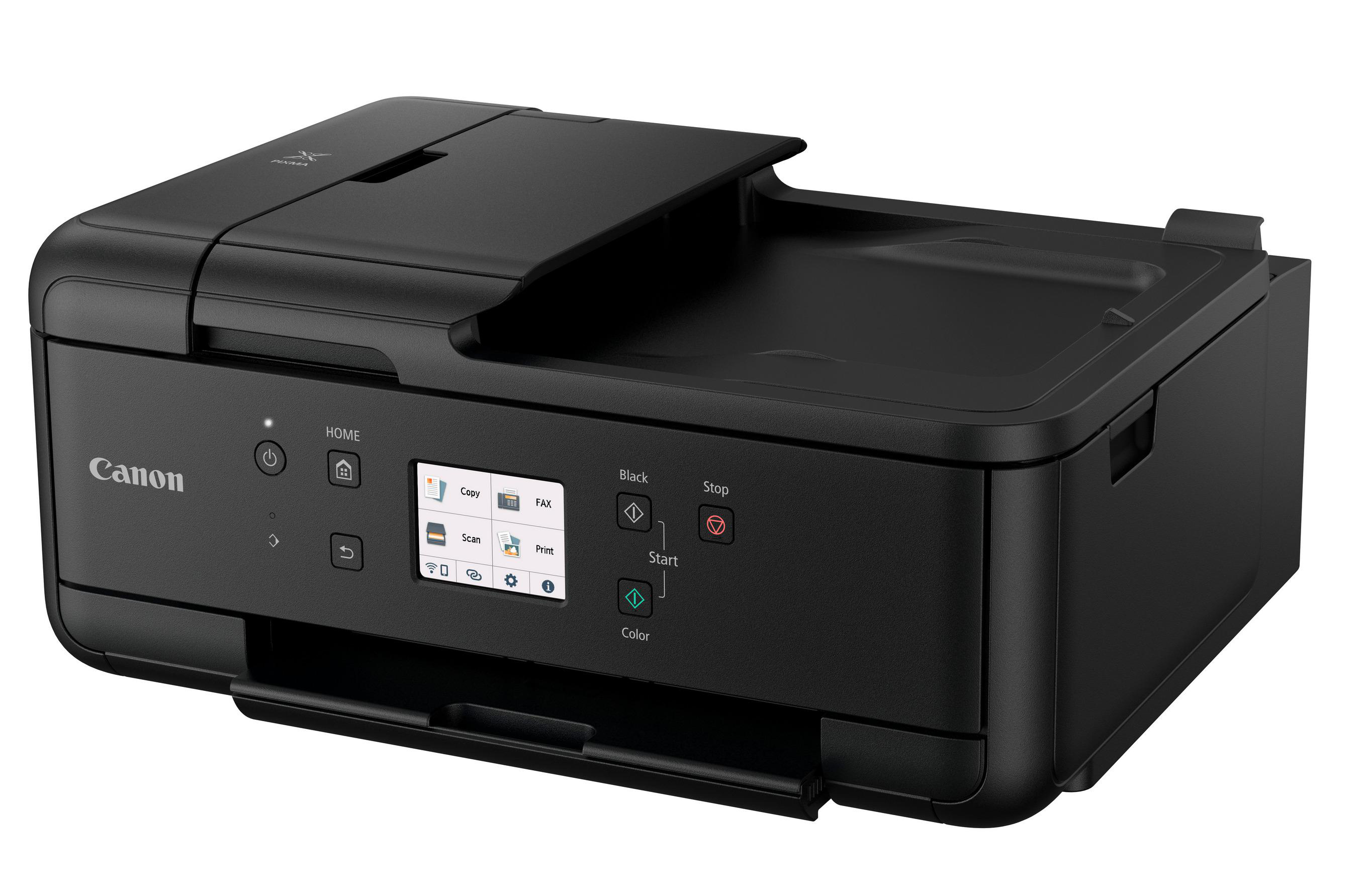 Schwarzer Canon-Drucker mit Bedienfeld und offenem Fach.