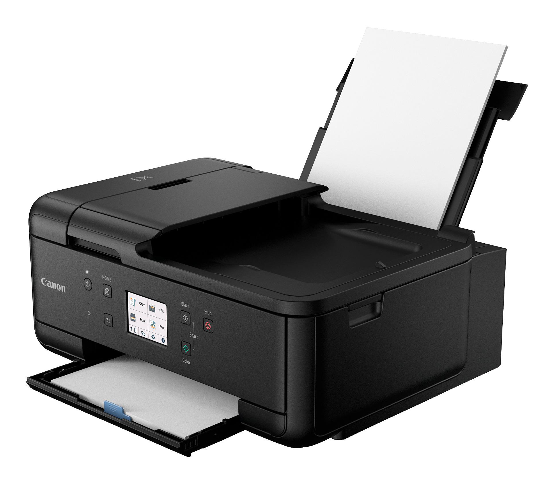 Schwarzer Canon-Drucker mit weißem Hintergrund. Die Oberseite ist geöffnet und enthält Papier.