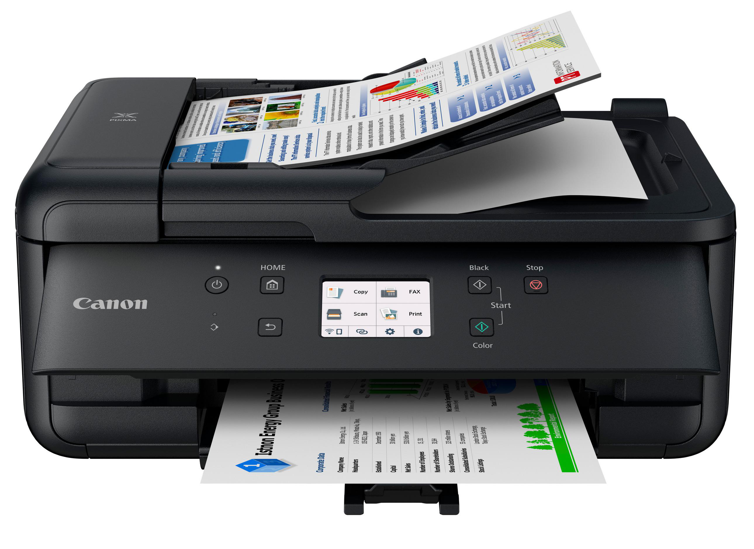 Schwarzer Canon-Drucker mit Papierausgabe. Ein Dokument befindet sich im Scanner. Der Bildschirm zeigt Optionen.