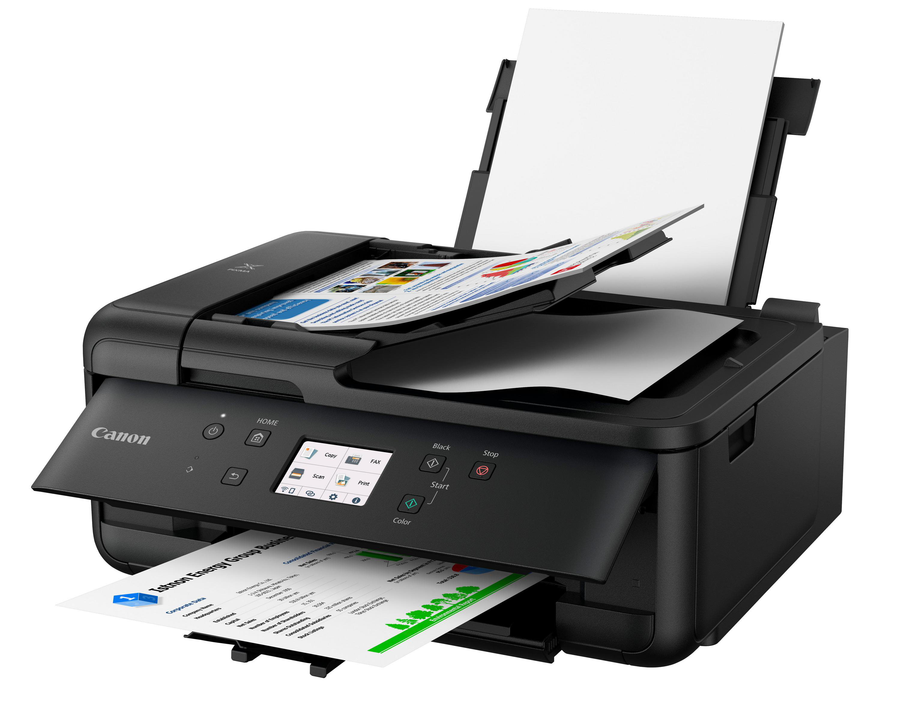 Schwarzer Canon-Drucker, der Papiere druckt, mit einem Display und offenen Fächern.