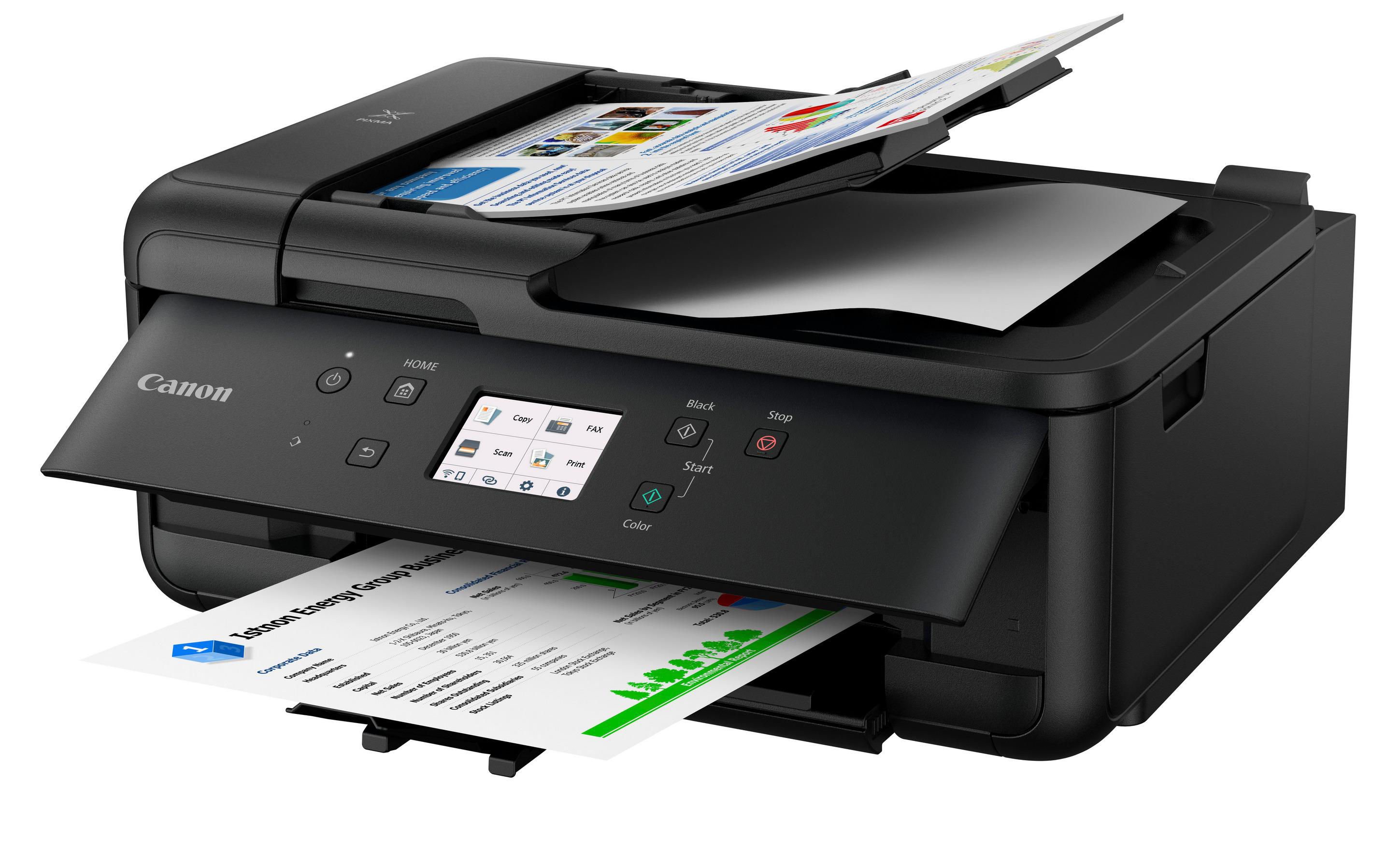 Schwarzer Canon-Drucker mit Papierausgabe.