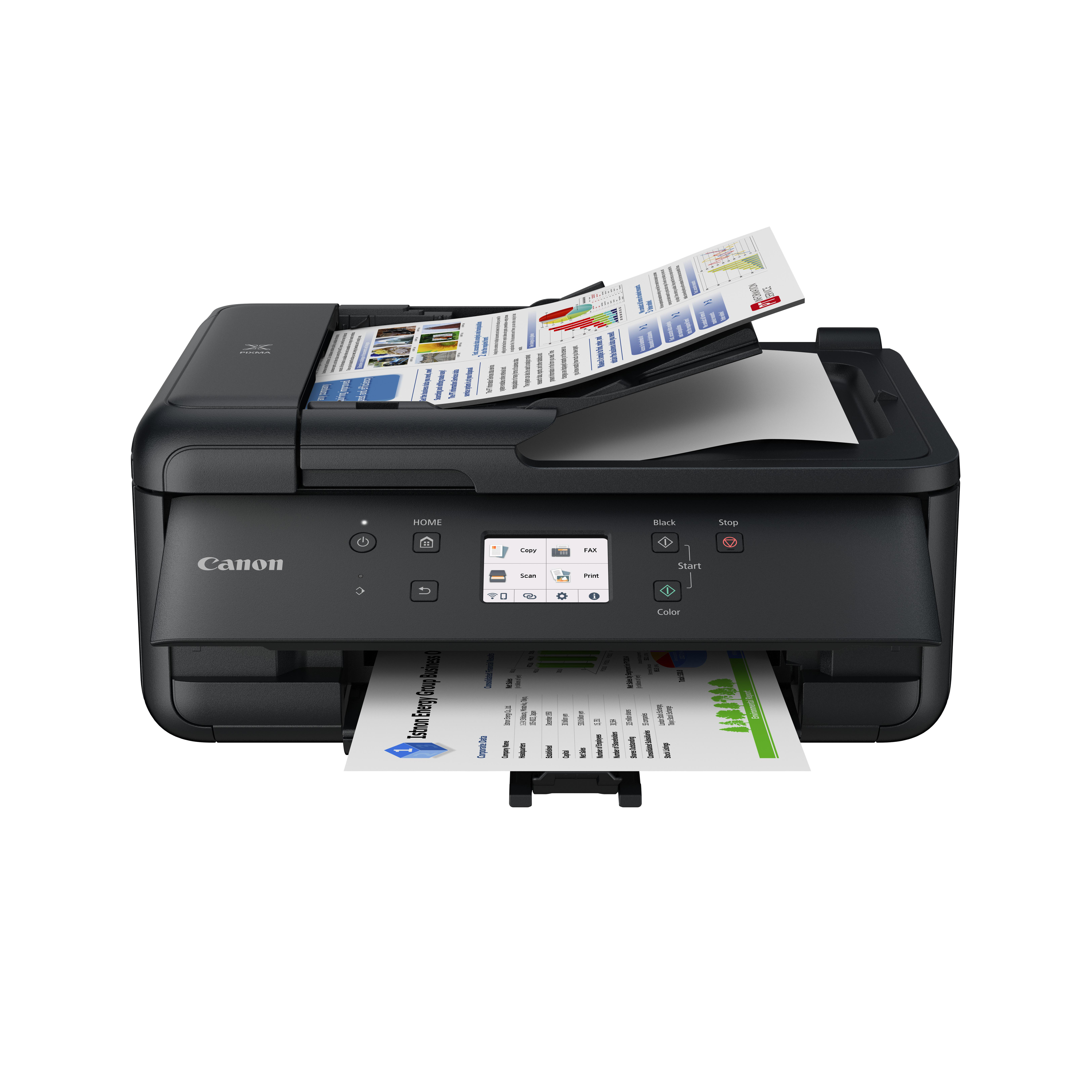 Ein schwarzer Canon-Drucker druckt ein Dokument. Das Papierfach ist geöffnet und zeigt bedruckte Seiten.