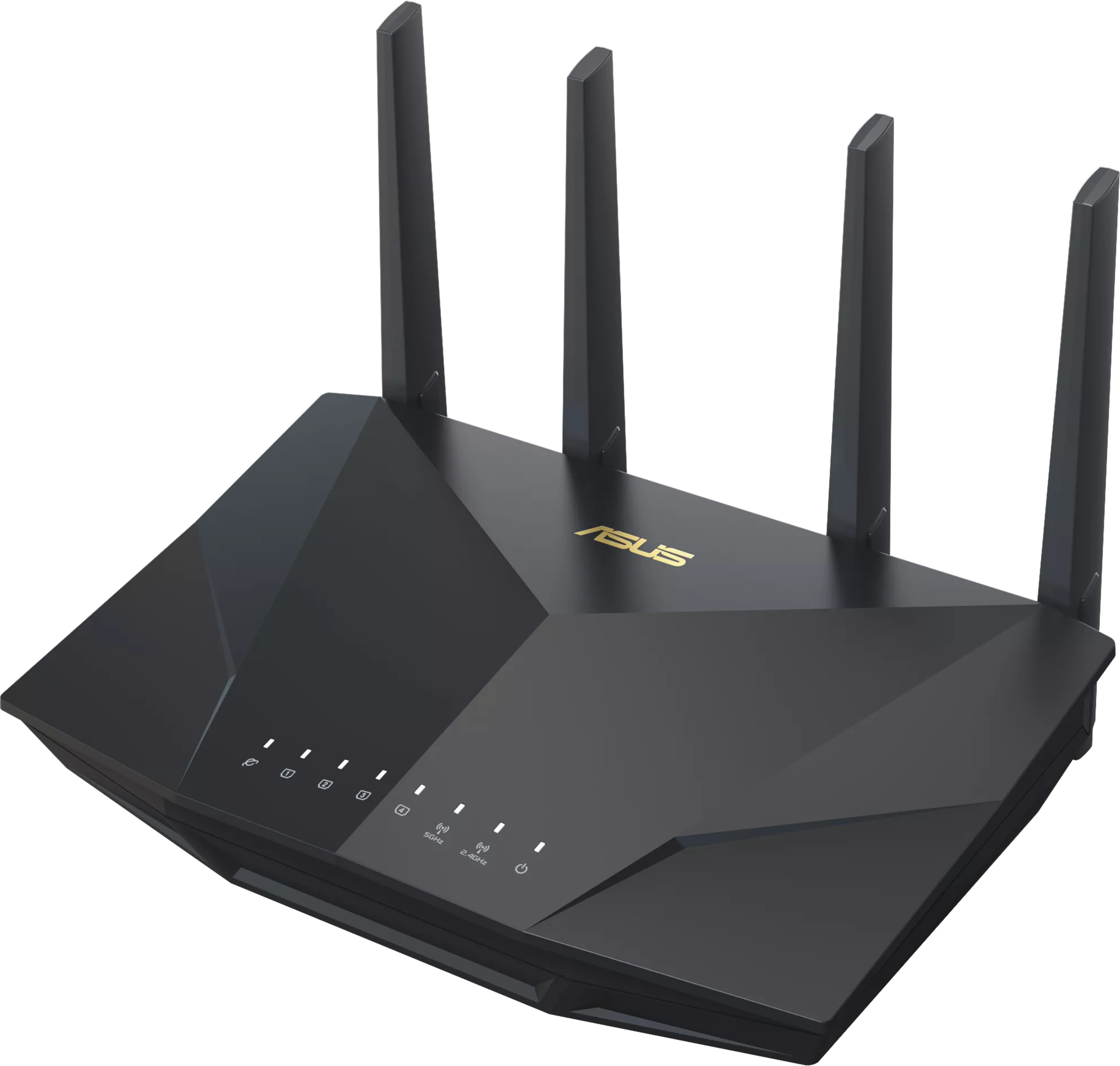Fekete ASUS router négy antennával. Az ASUS logó látható.