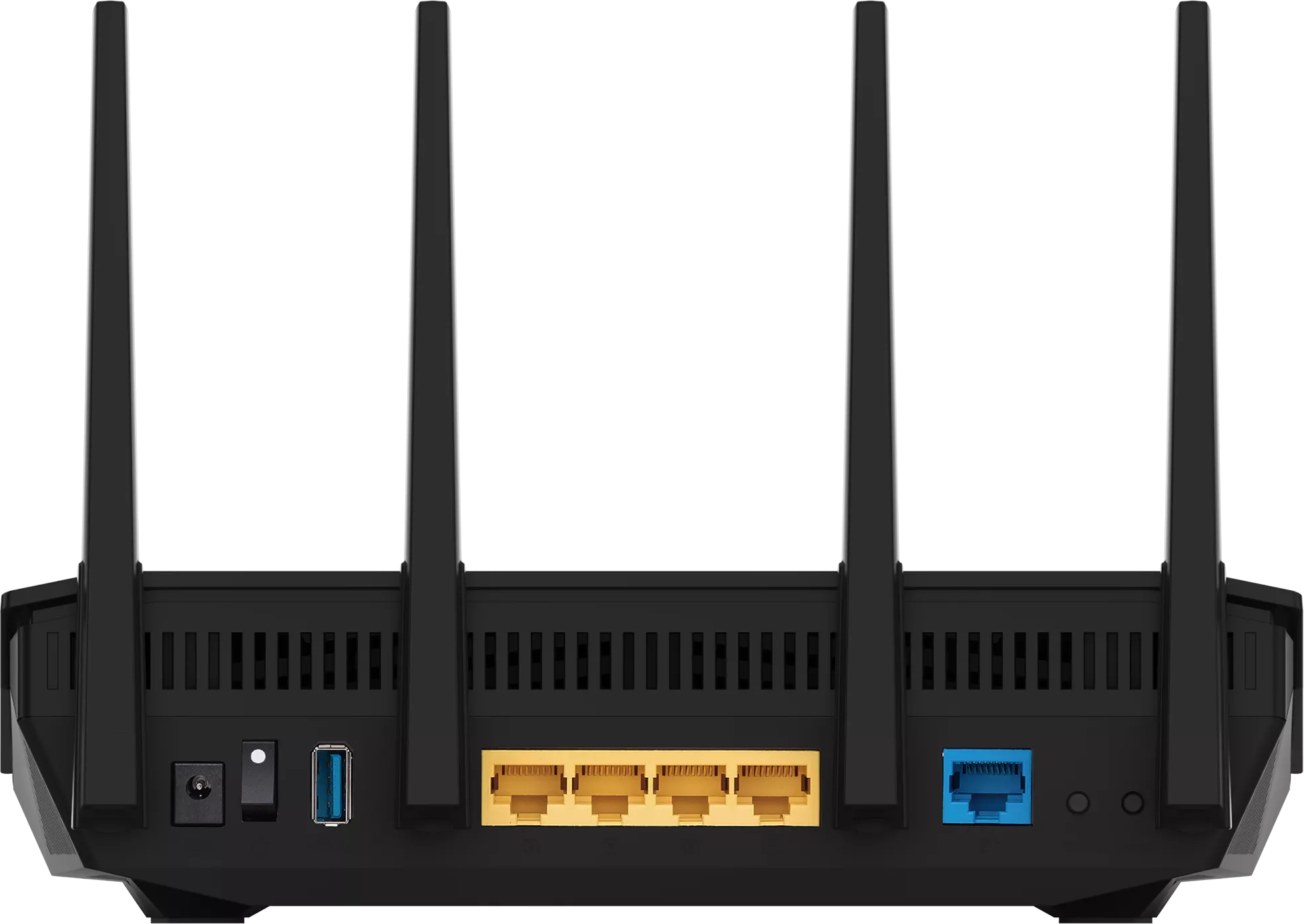 Fekete router négy antennával. Hátulján tápellátás, USB és Ethernet portok.