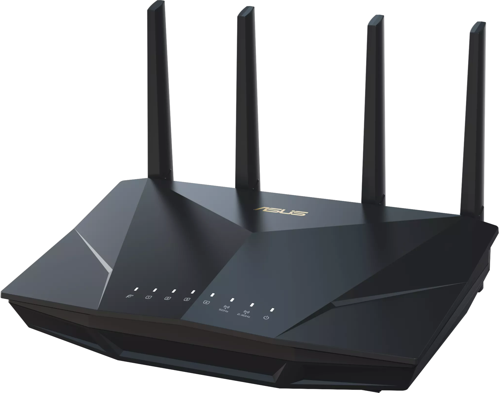 Fekete ASUS router négy antennával. Az előlapon több jelzőfény látható.