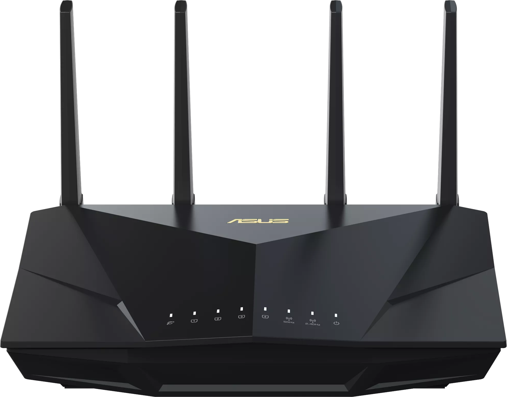Egy fekete ASUS router négy antennával és jelzőfényekkel, feketén izolálva.