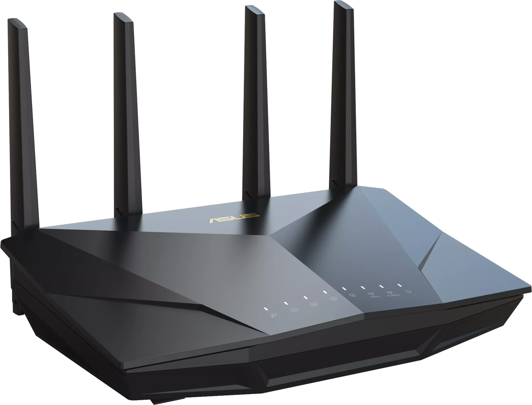 Fekete ASUS router antennákkal és jelzőfényekkel.