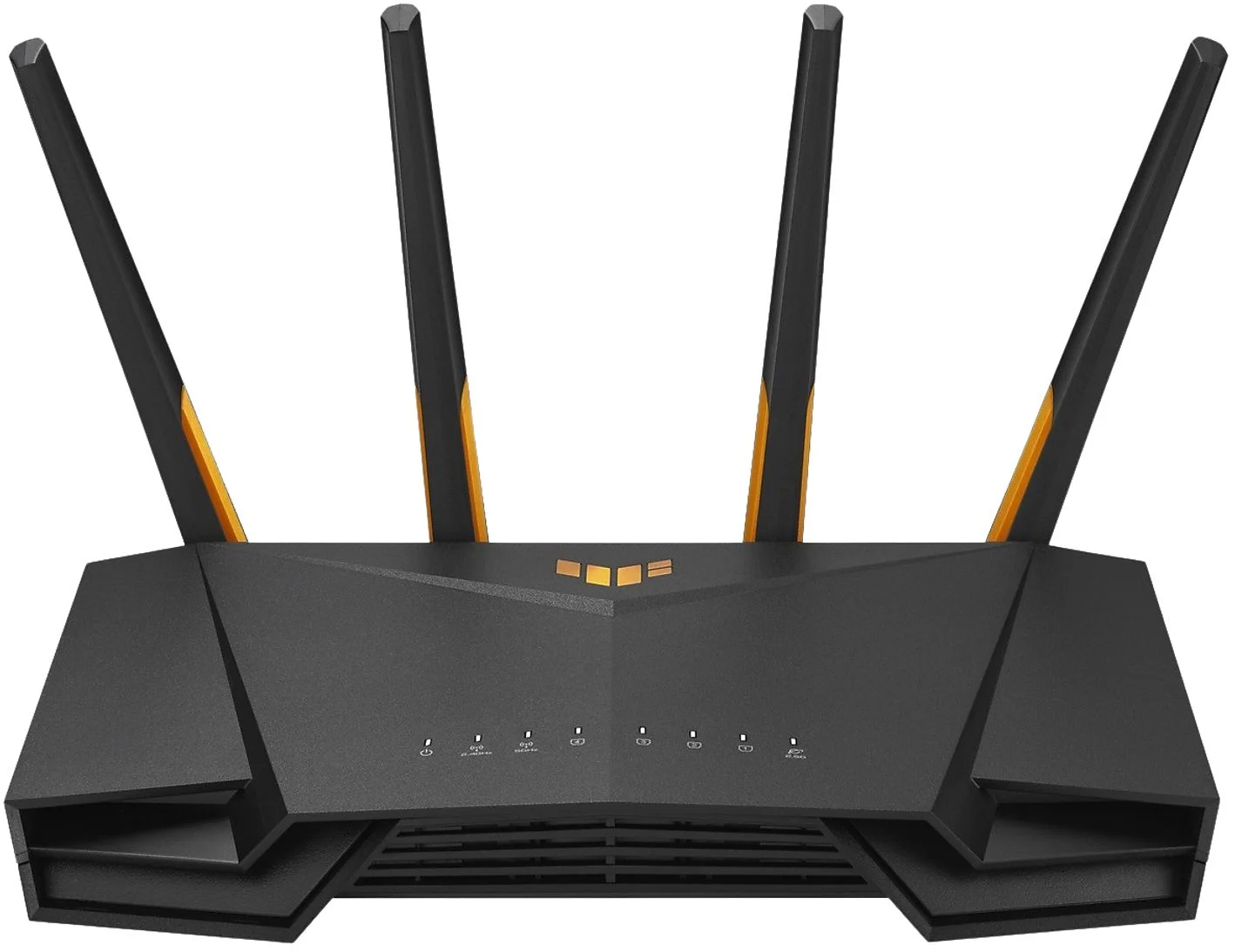Fekete ASUS TUF gaming router, négy antennával. Narancssárga díszítéssel.