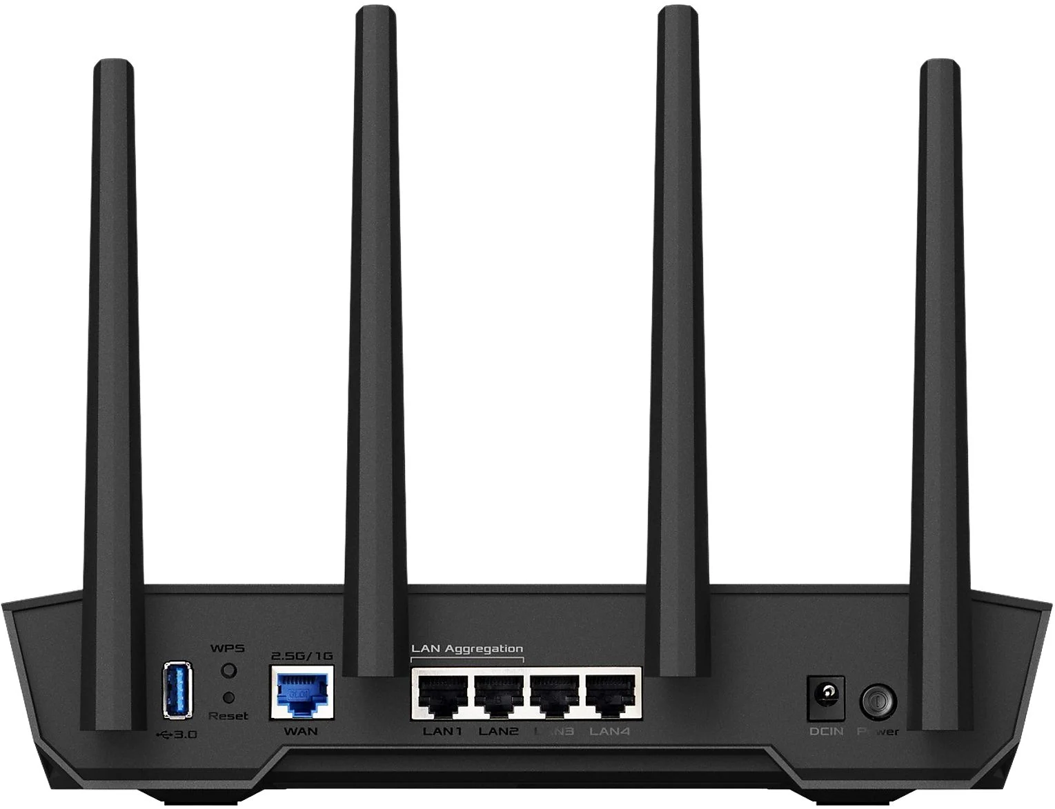 Fekete router hátulja antennákkal, portokkal és tápbemenettel. Be/Ki gomb.