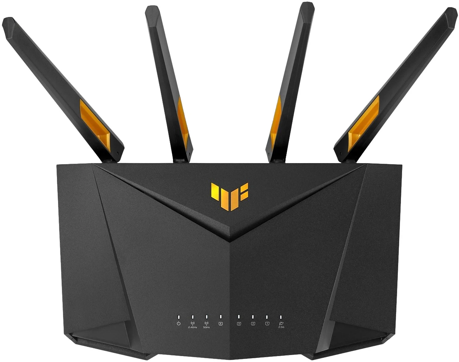 Fekete router négy antennával, sárga díszítéssel és középső logóval.