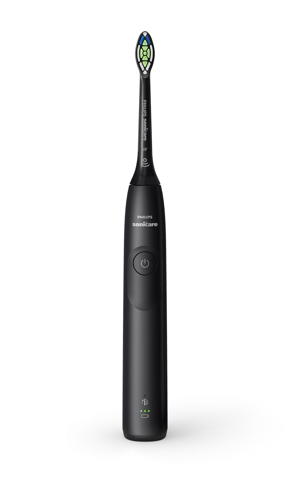 Schwarze Philips Sonicare Zahnbürste auf schwarzem Hintergrund.