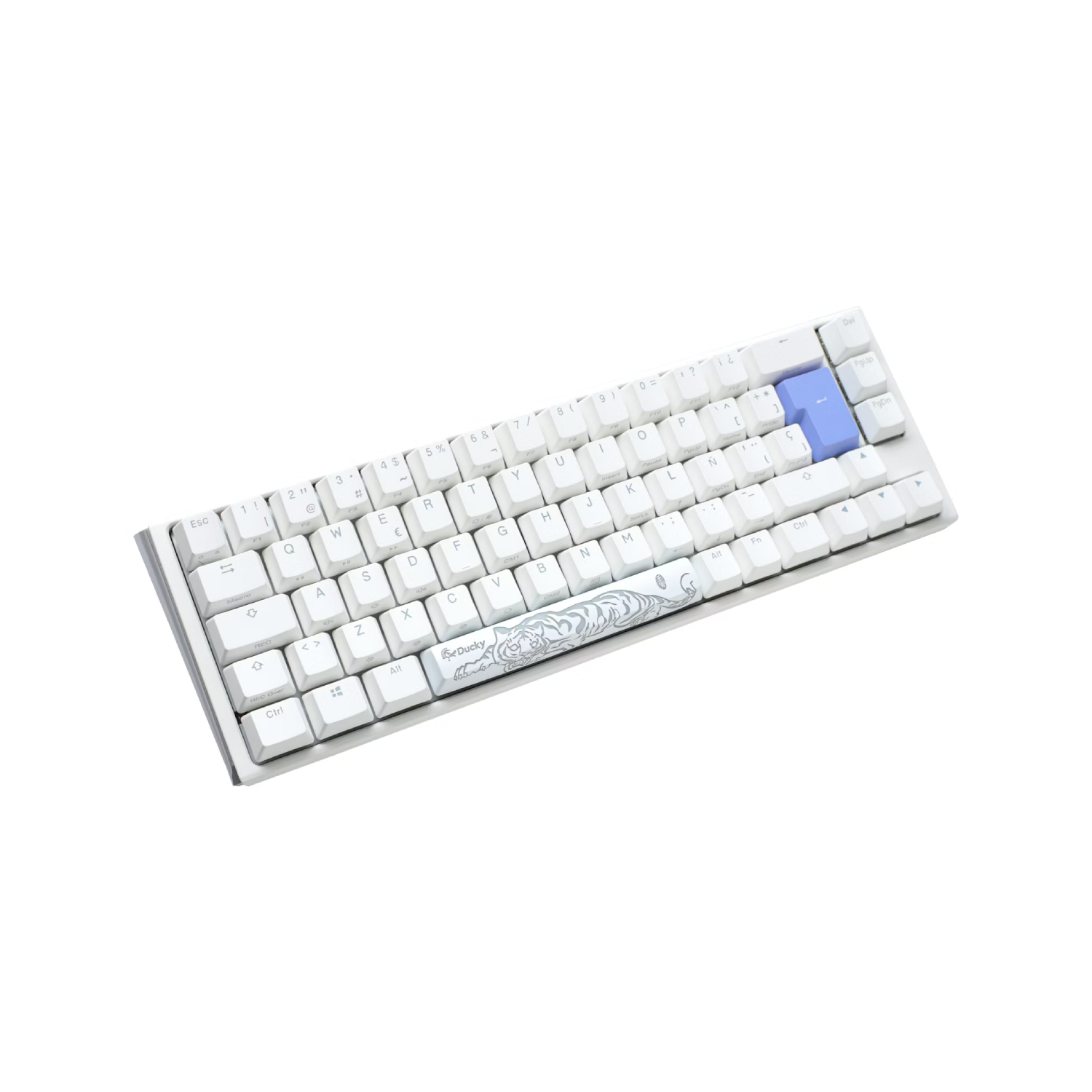 Teclado mecánico blanco con tecla Intro azul, teclas blancas y diseño en la barra espaciadora.