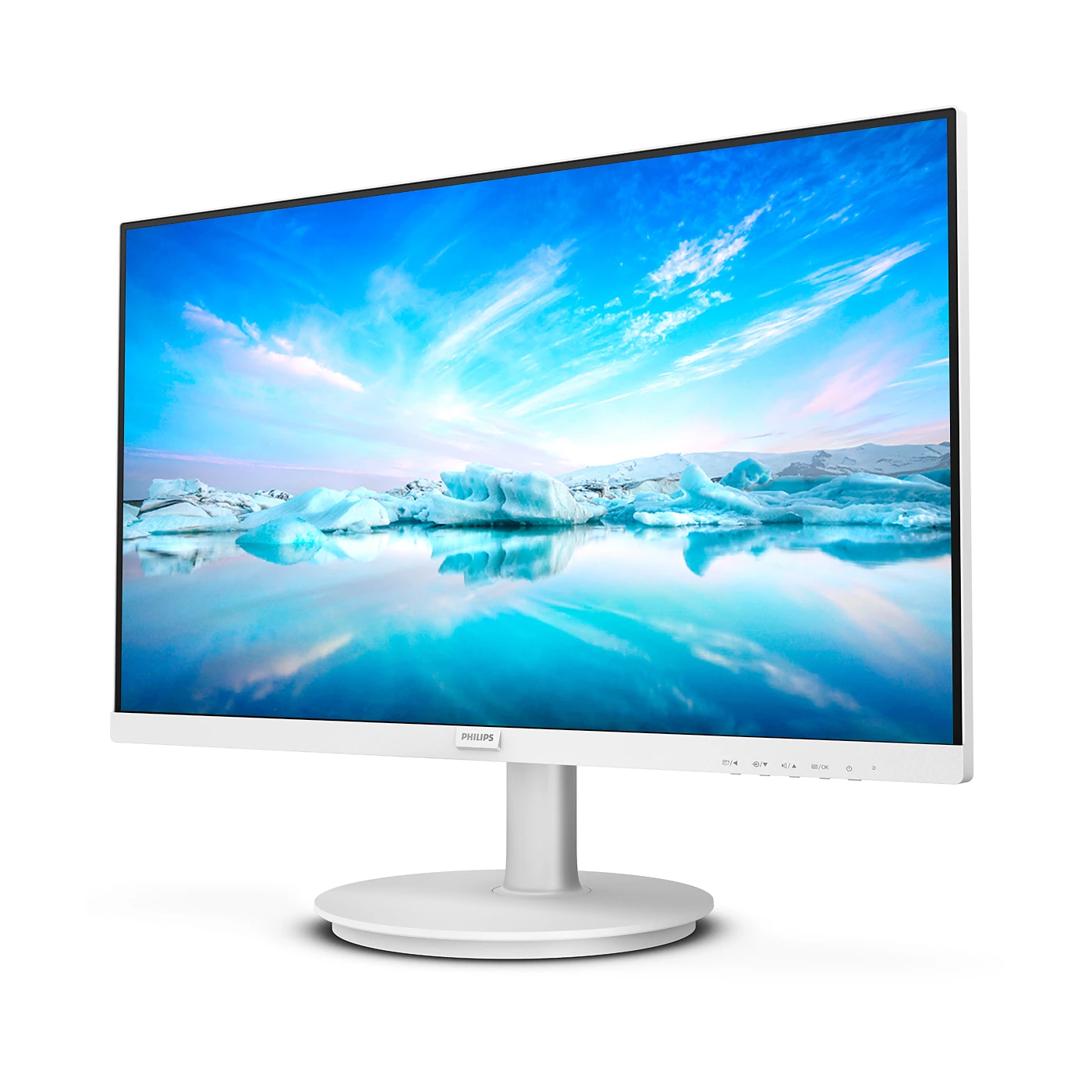 Monitor de ordenador blanco con cielo azul, icebergs y reflejo en el agua.