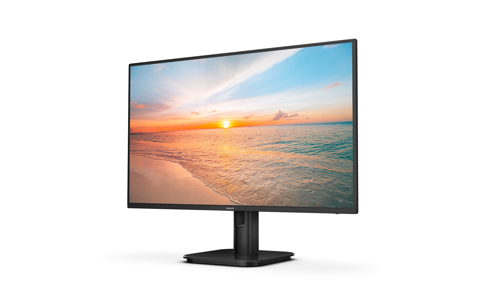 Un monitor de computadora con una escena de atardecer en la playa. El monitor está en un soporte.