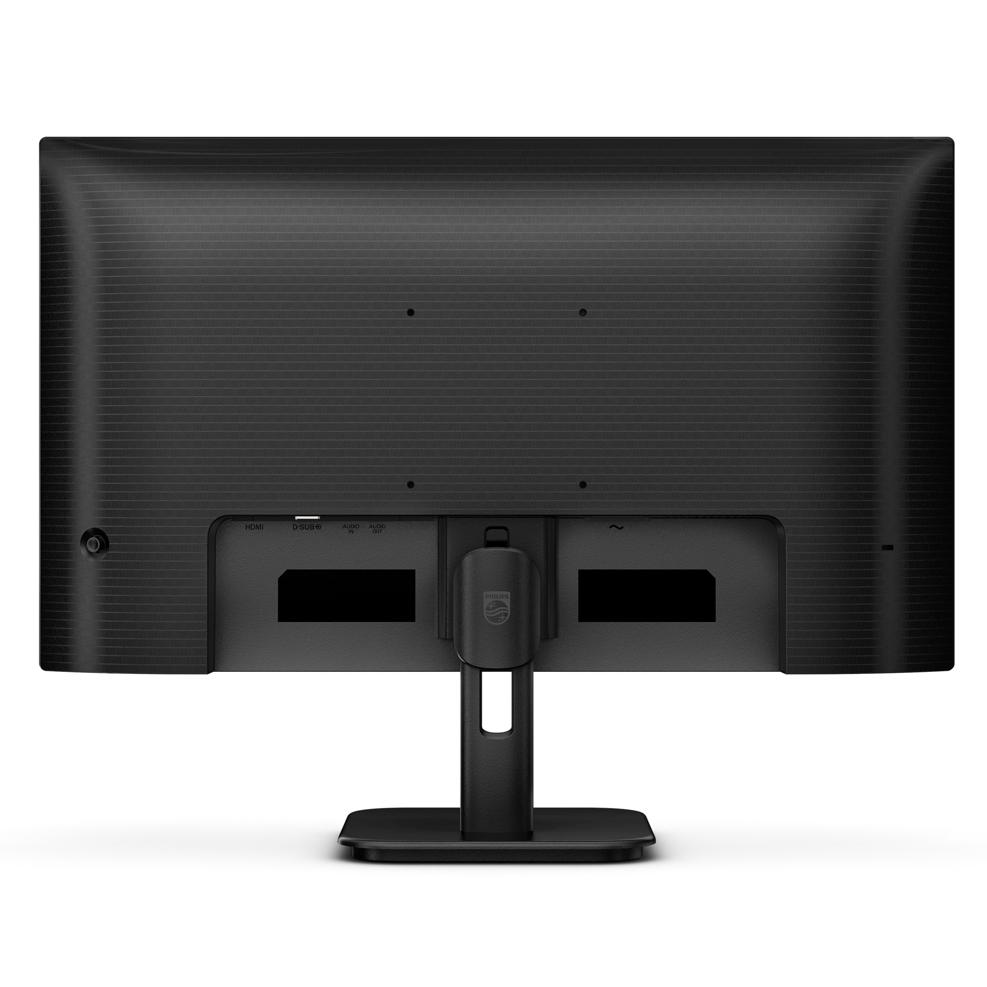 Vista trasera de un monitor negro con puertos y soporte, sobre fondo oscuro.