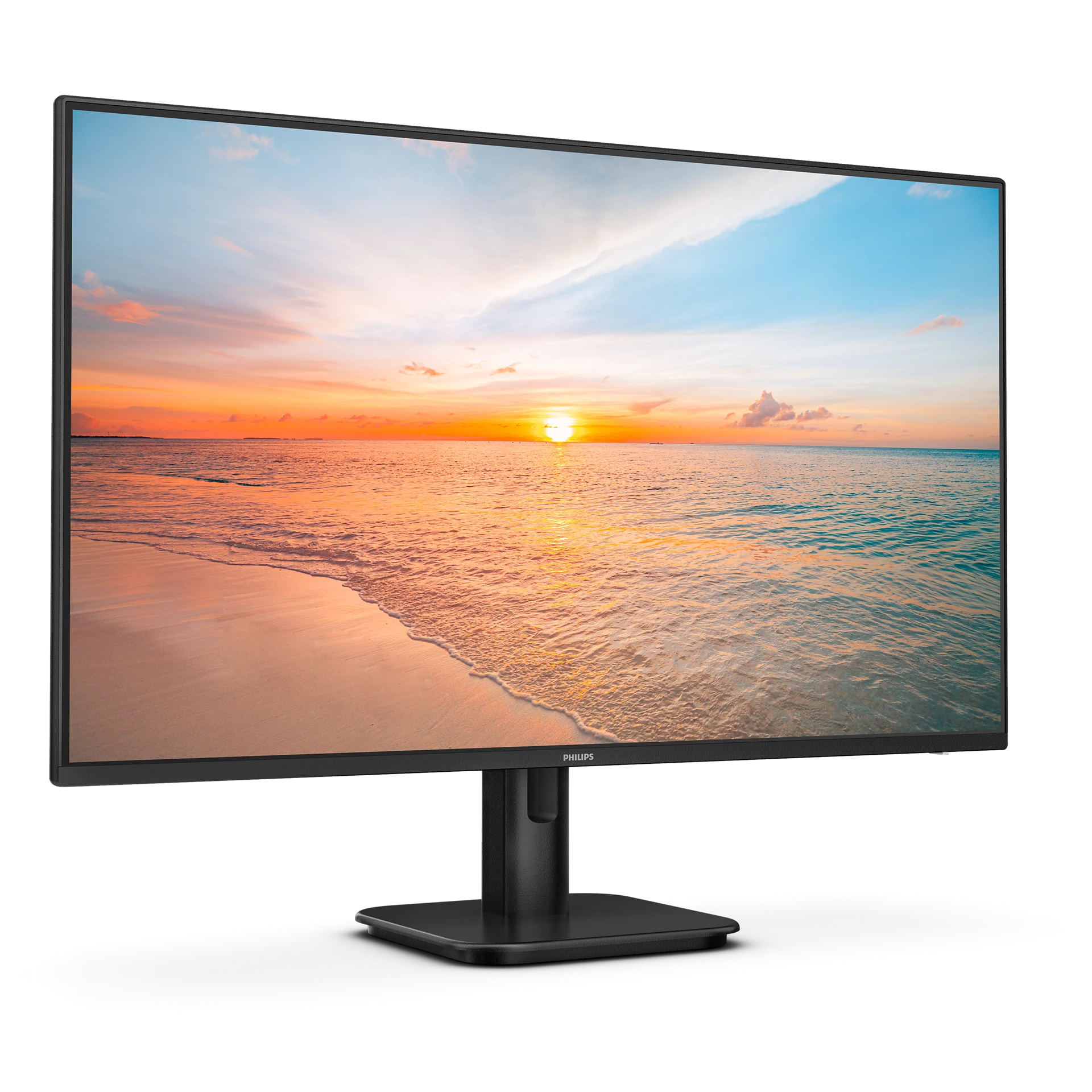 Un monitor de computadora que muestra una escena de playa al atardecer.