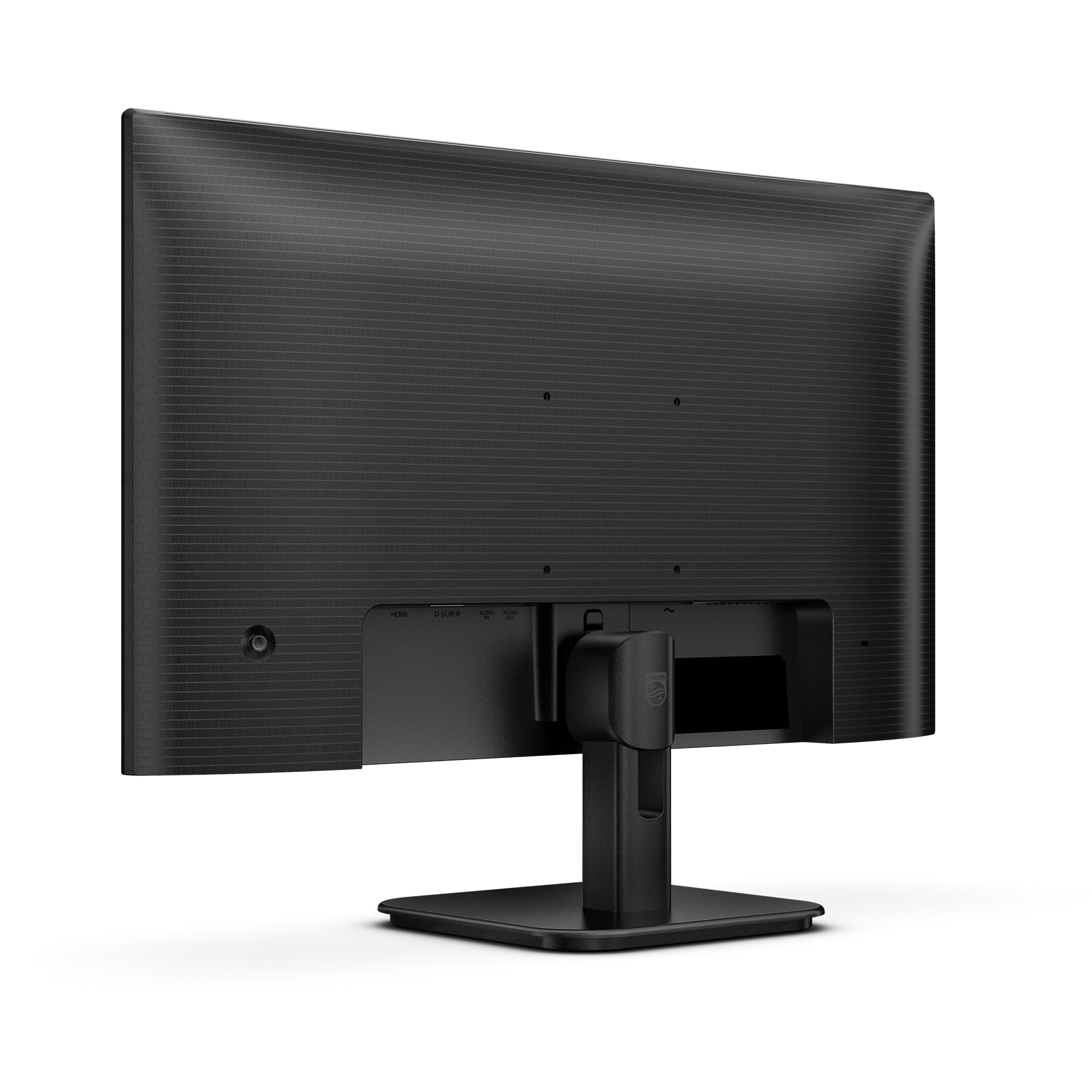 Vista trasera de un monitor negro con puertos y soporte, sobre fondo oscuro.