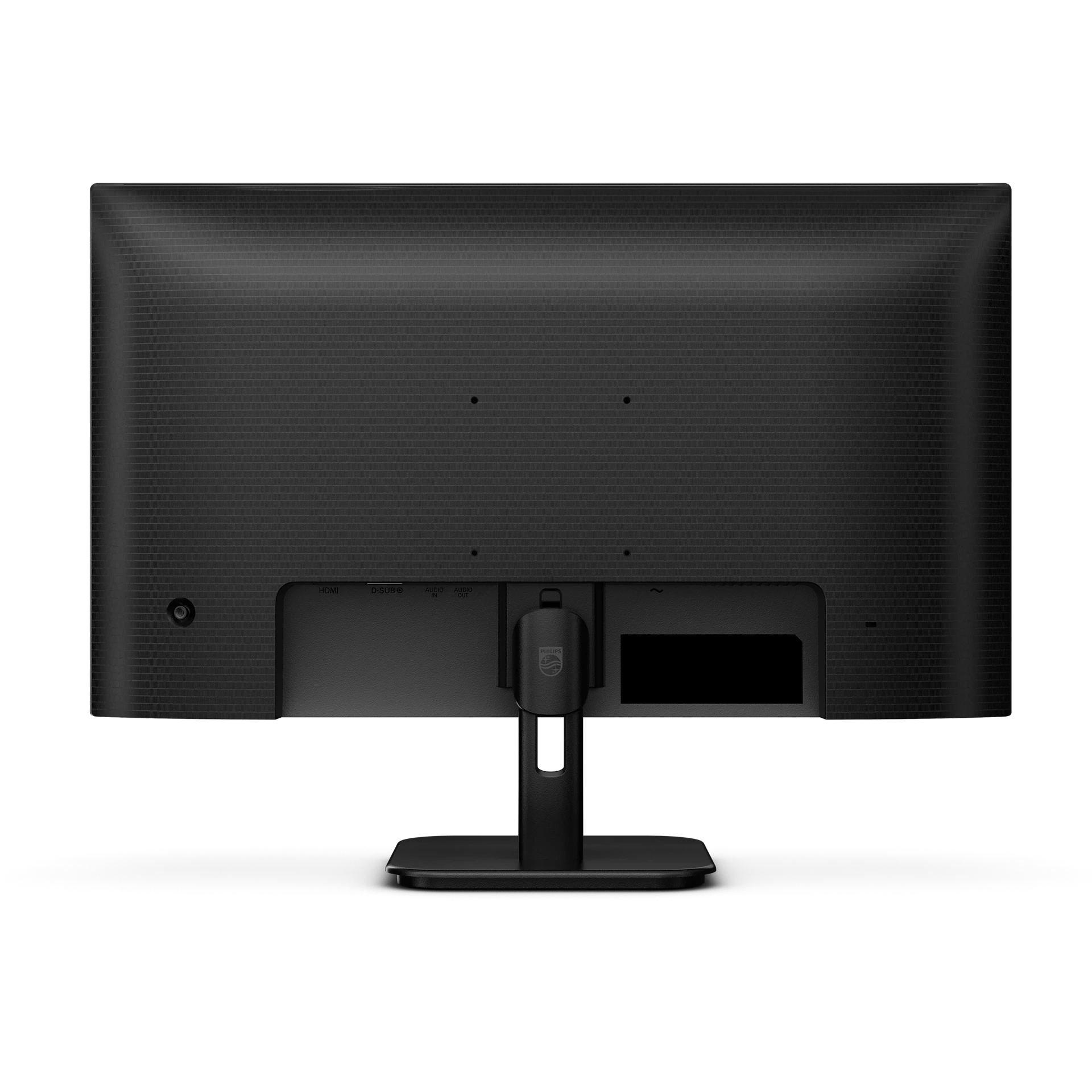 Parte trasera de un monitor negro con soporte.