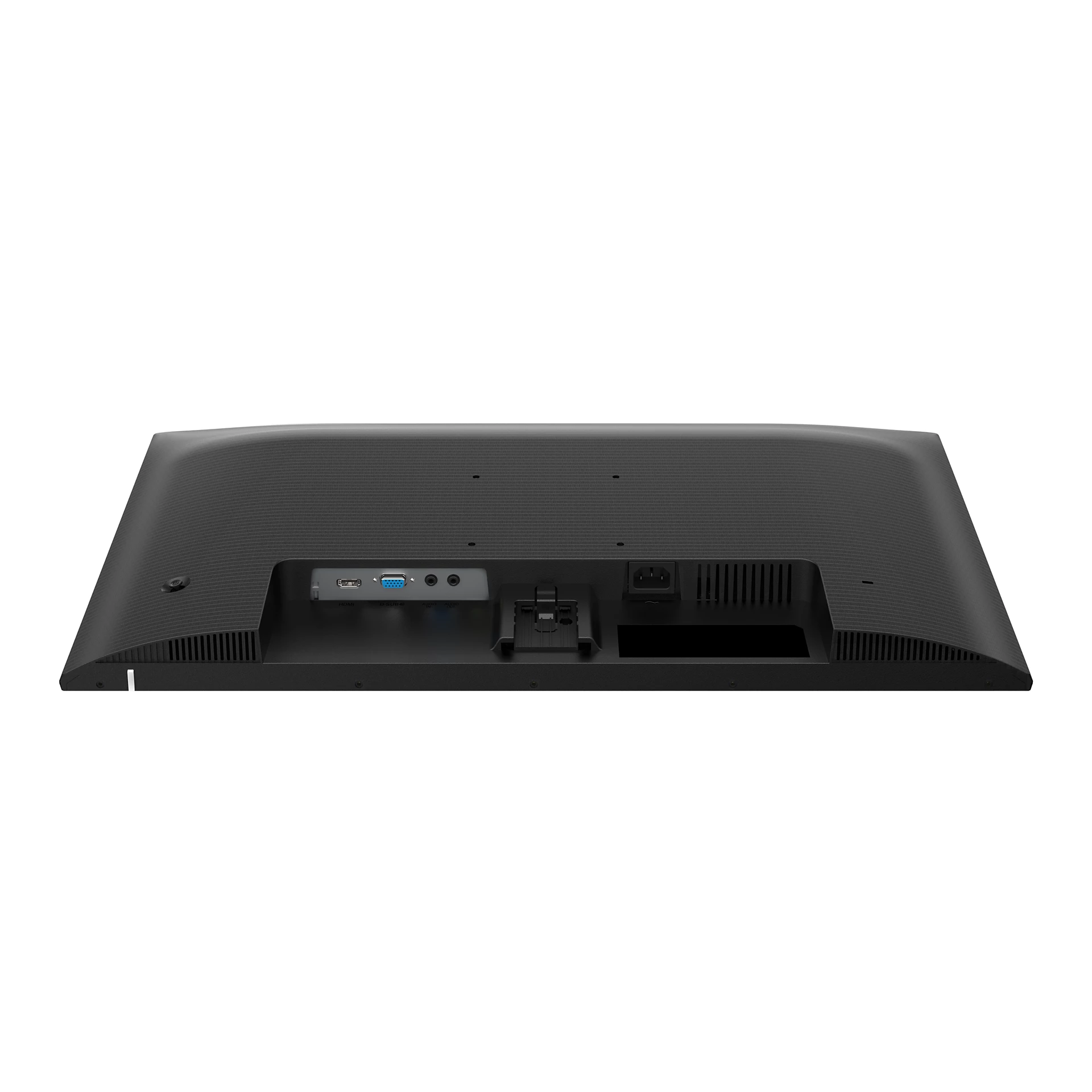 La parte trasera de un monitor de ordenador negro con puertos y orificios de ventilación.