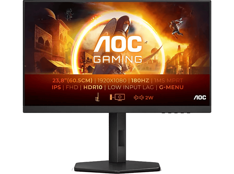 AOC 24G4X, 23.8, Full-HD, 1 ms MPRT, IPS, HDR10, 180 Hz, USB, HDMI, Altura Ajustable, Negro