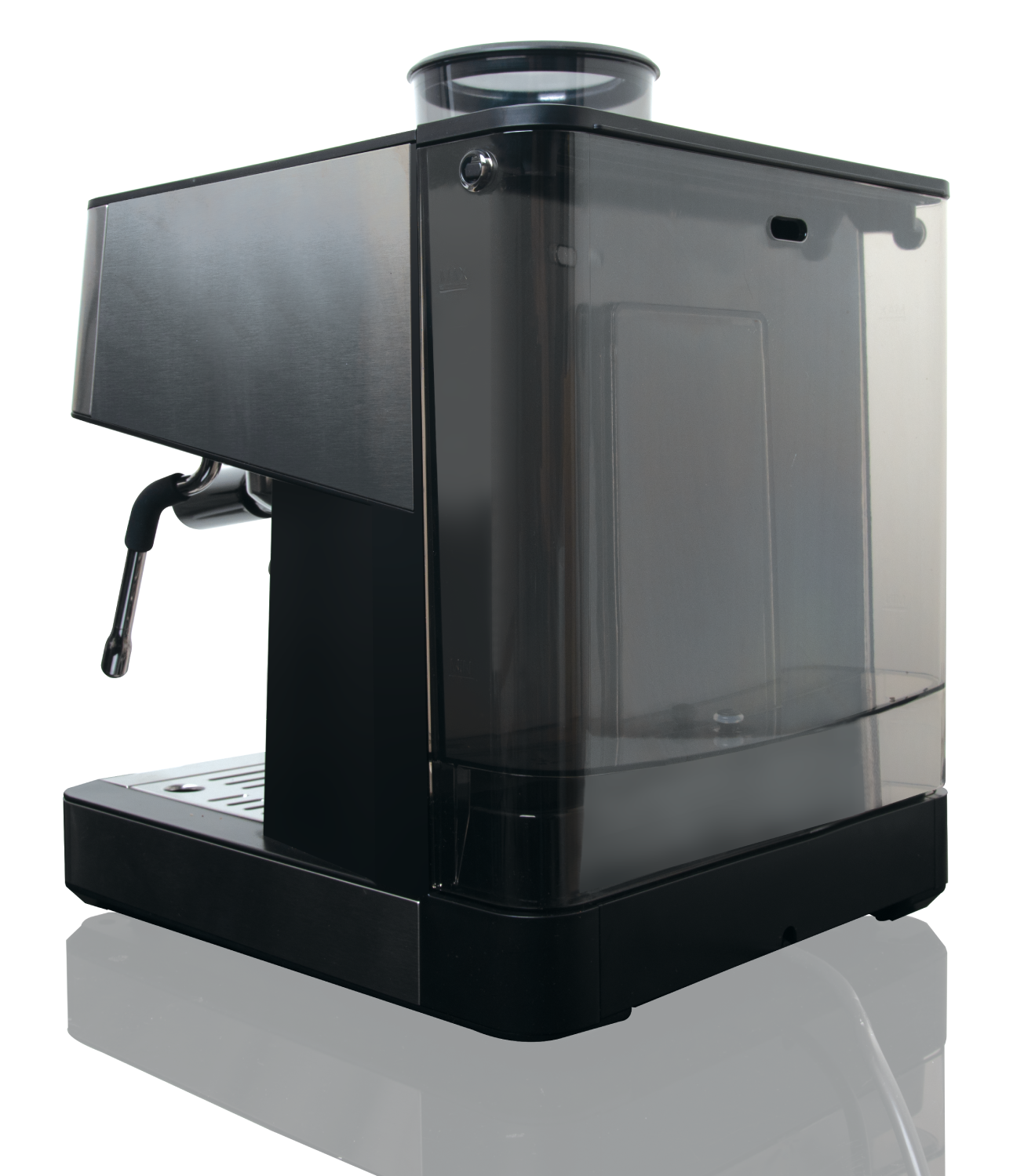 Máquina de espresso con un recipiente de agua negro y transparente. La máquina es negra y metálica.