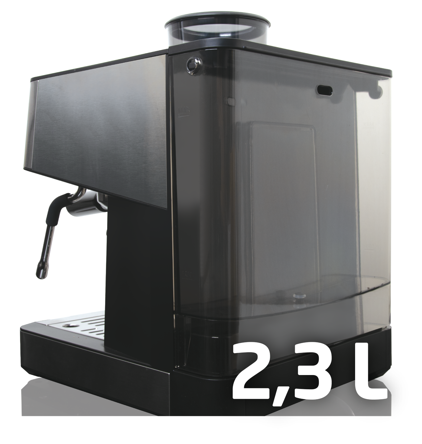 Máquina de espresso con cuerpo negro y depósito de agua transparente que dice 2.3L.