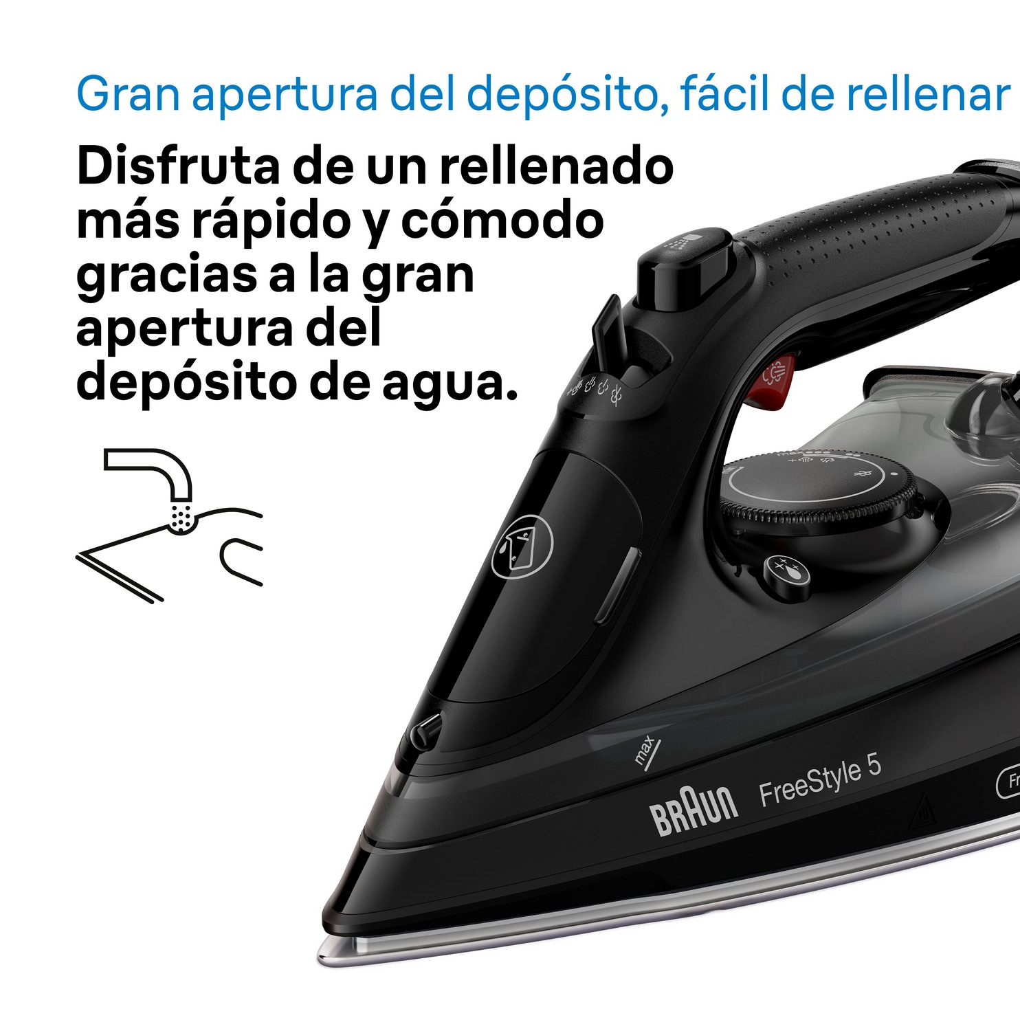 Una plancha negra Braun Freestyle 5 con texto en español. La plancha tiene un depósito de agua y un dial.