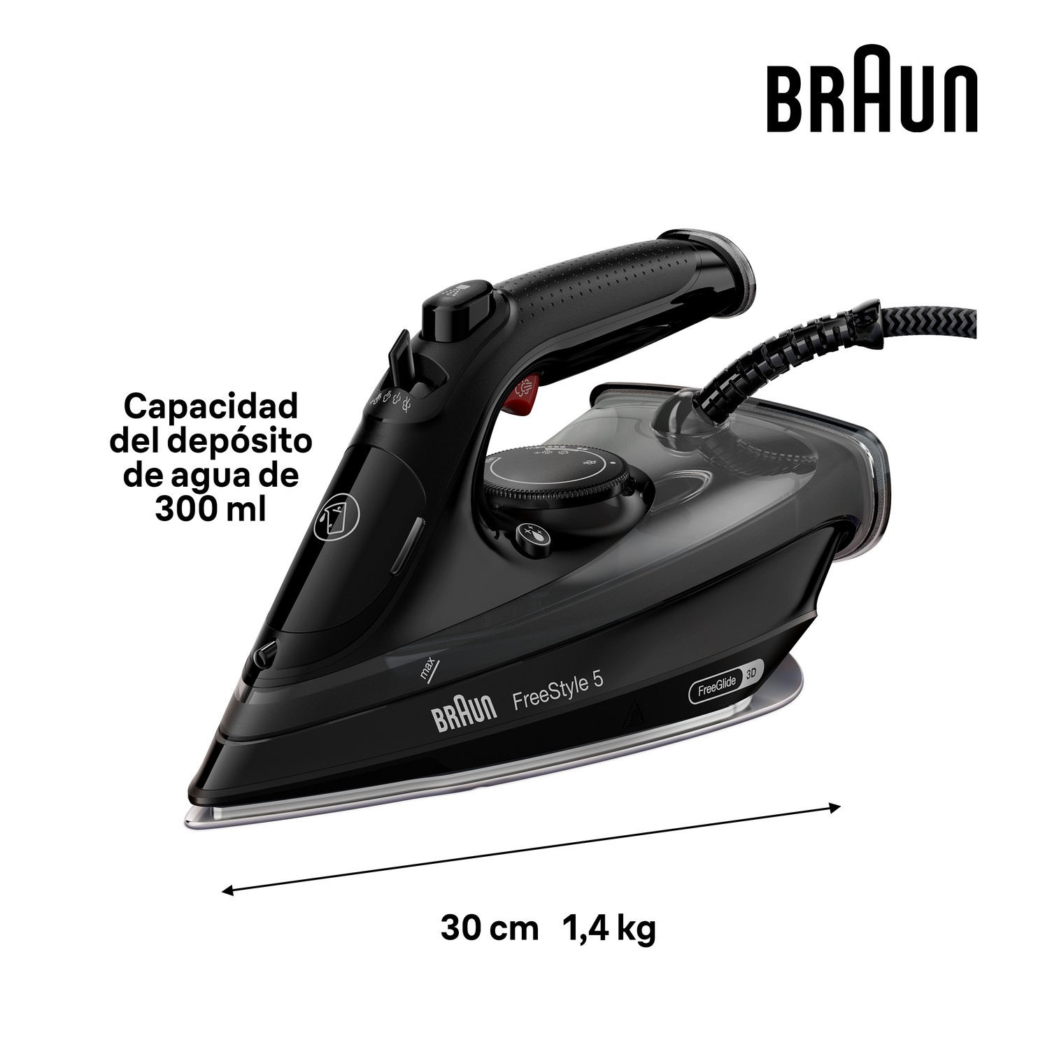 Plancha Braun negra con asa, dial de temperatura e indicador de medición de 30 cm.